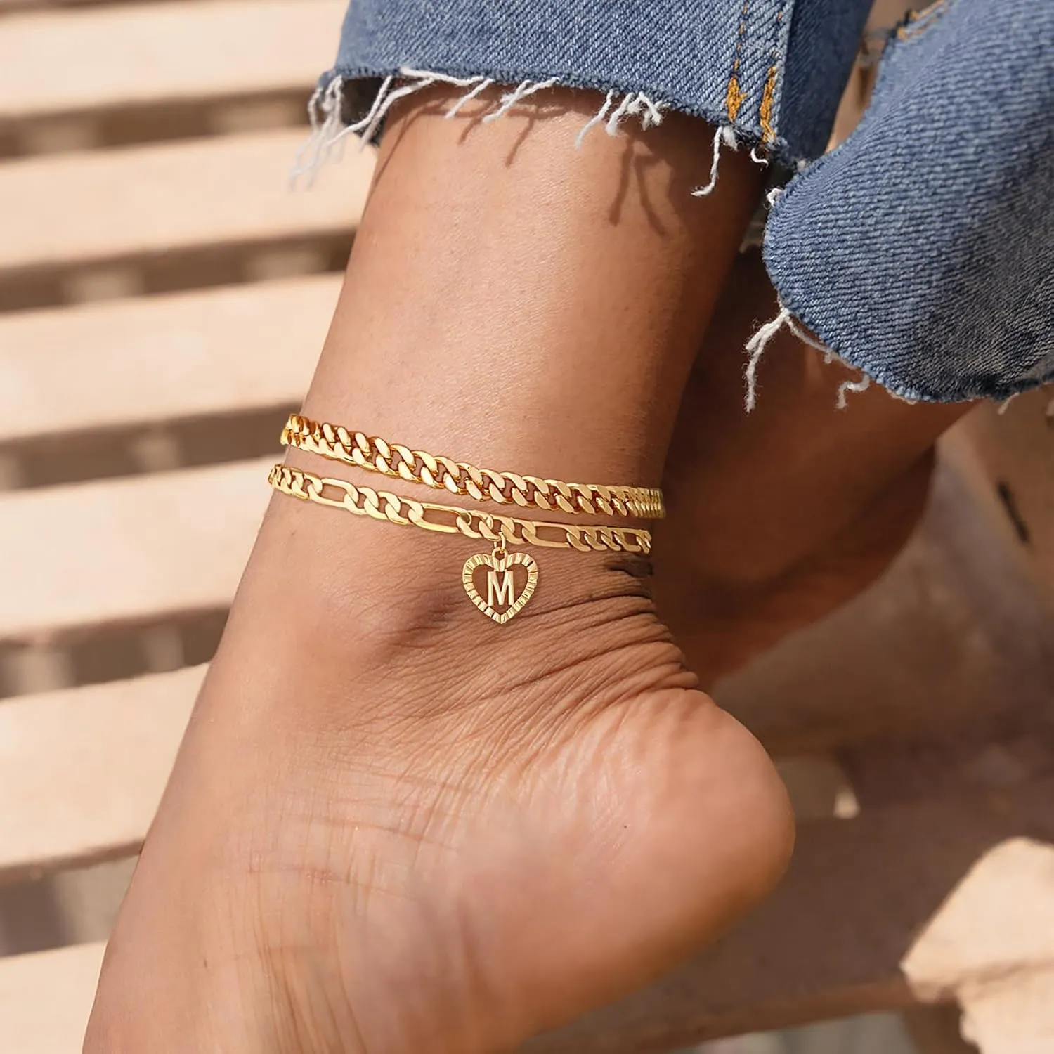 Dainty Gold Ankle Bracelets for Women 14K Gold Plated Heart Initial Anklets for Women Stackable Cuban Figaro Chains Women's Anklets Anklets for Women Waterproof