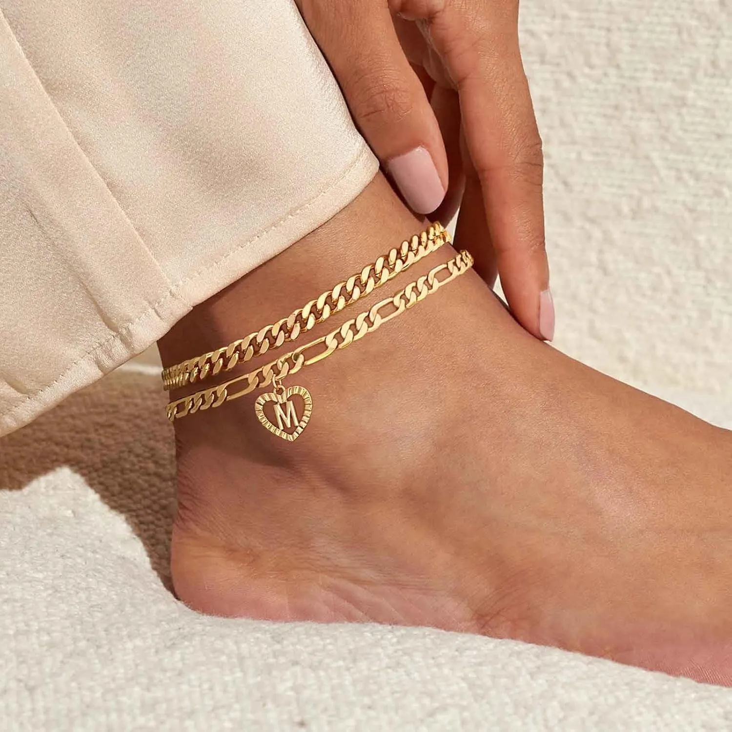 Dainty Gold Ankle Bracelets for Women 14K Gold Plated Heart Initial Anklets for Women Stackable Cuban Figaro Chains Women's Anklets Anklets for Women Waterproof