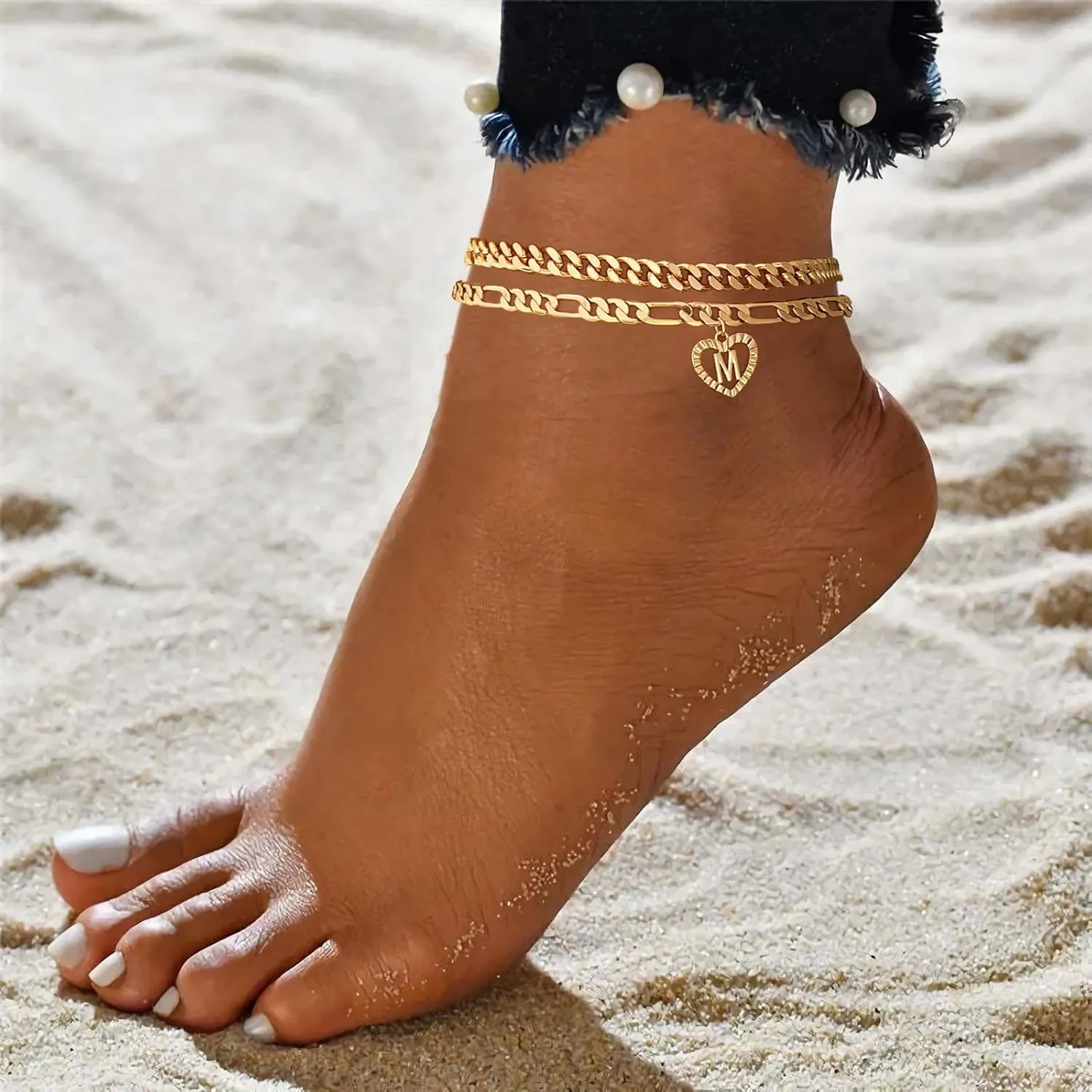 Dainty Gold Ankle Bracelets for Women 14K Gold Plated Heart Initial Anklets for Women Stackable Cuban Figaro Chains Women's Anklets Anklets for Women Waterproof