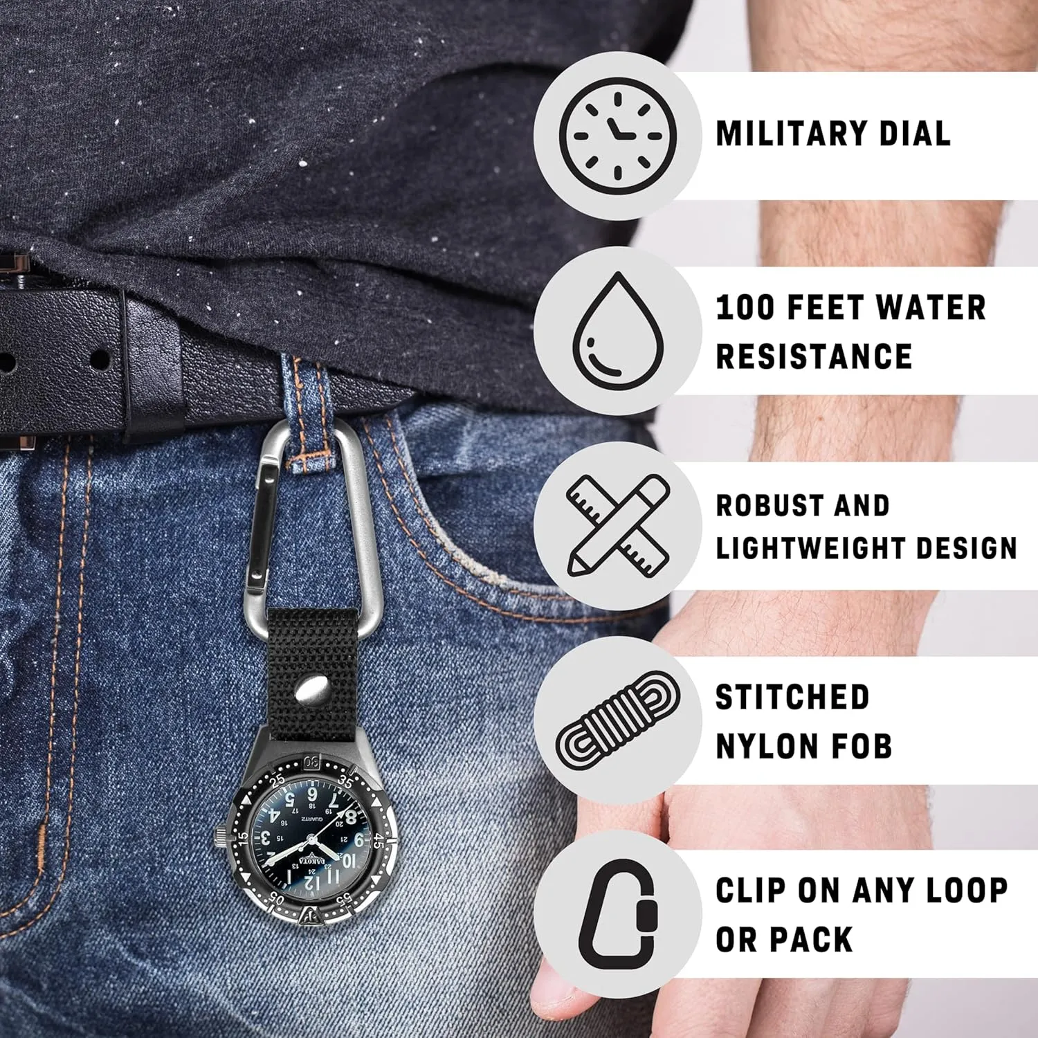 Dakota Backpacker Clip, Quality Pocket Watch, Fob Nylon Carabiner Strap, Lightweight, Premium Durability Outdoor Gifts for Men, Use for Fishing, Hunting, Golf and More, Tactical Watch