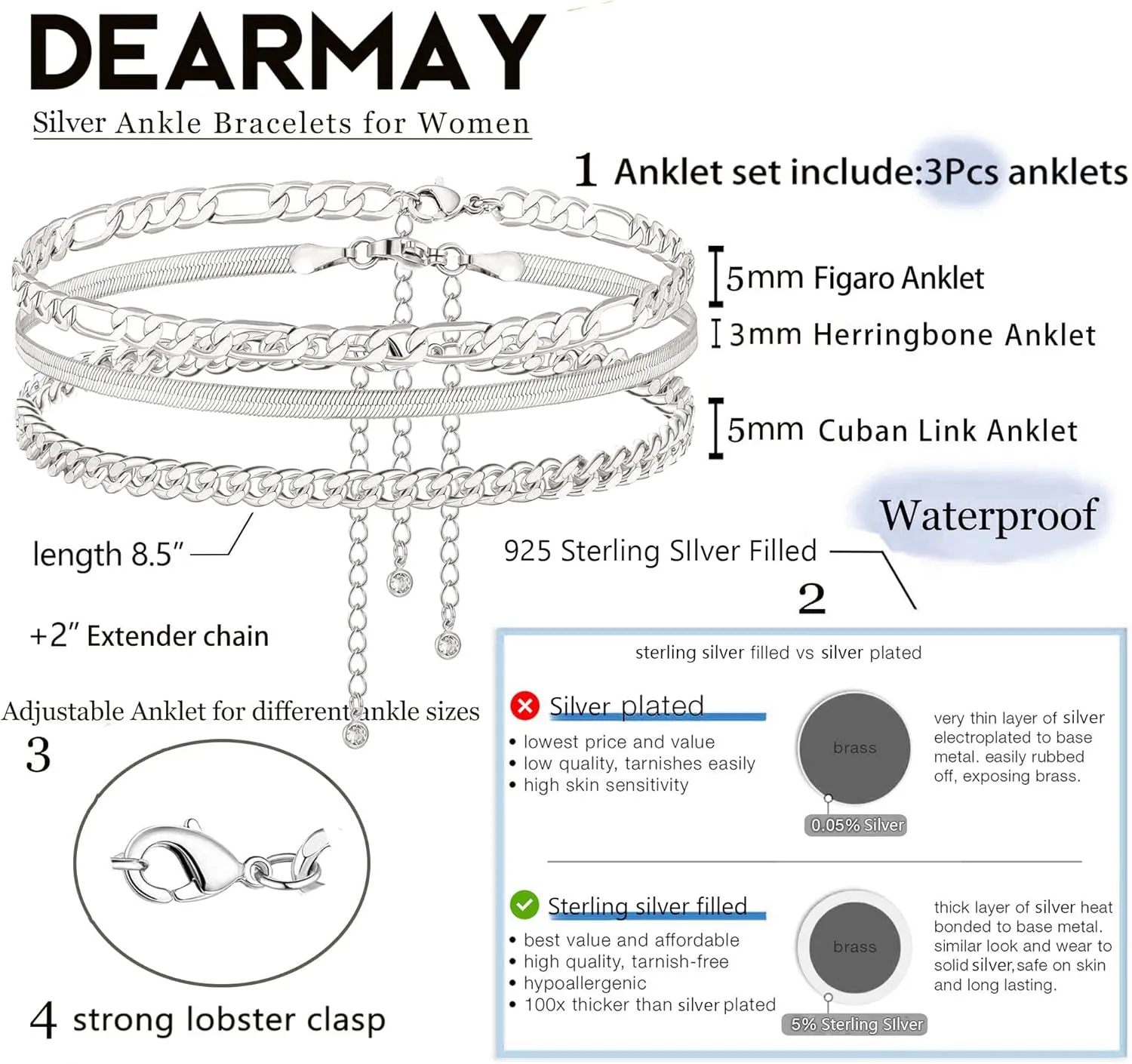 DEARMAY Dainty Silver Ankle Bracelets for Women Waterproof, S925 Sterling Silver Anklets Jewelry Layered Cuban Chain Herringbone Cute Anklets Set Pack Summer Beach Gift for Women Teen