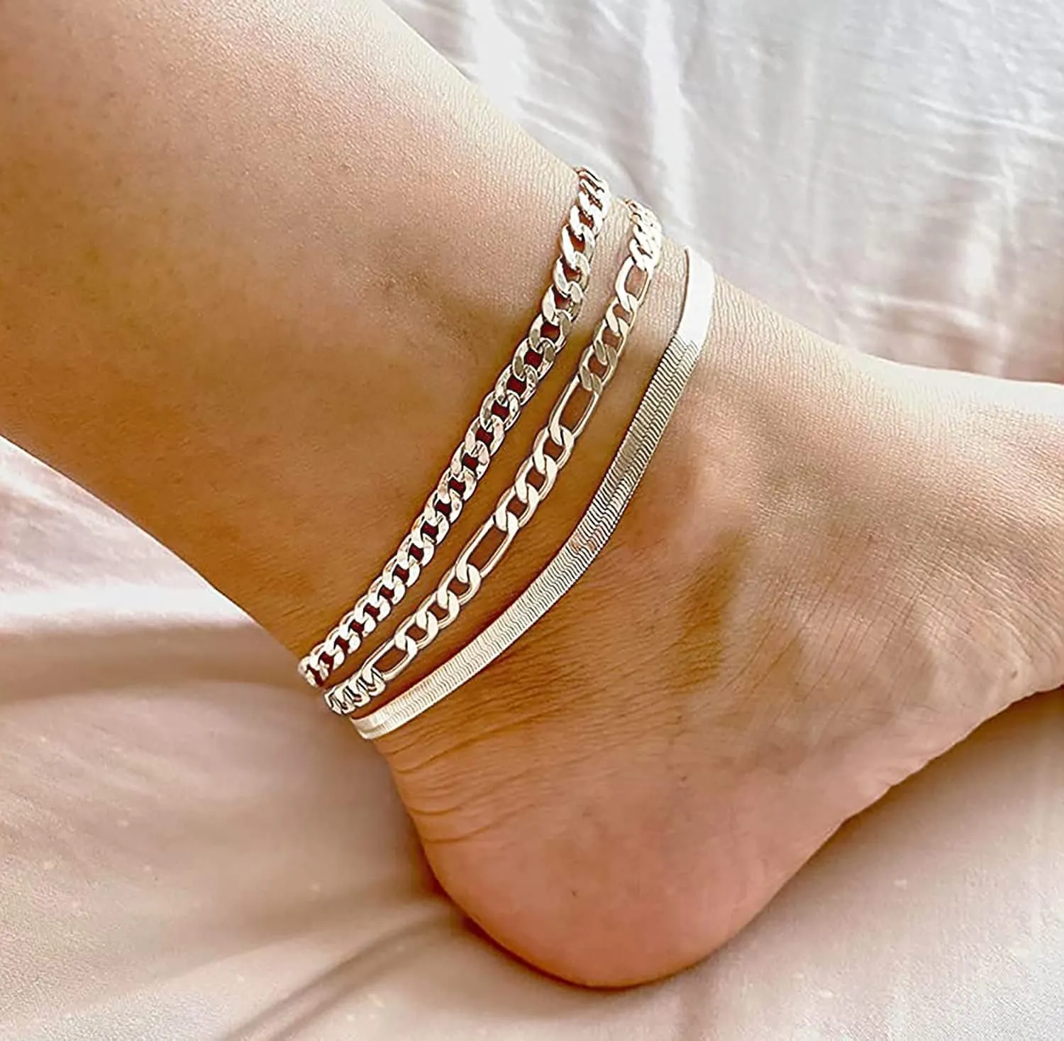 DEARMAY Dainty Silver Ankle Bracelets for Women Waterproof, S925 Sterling Silver Anklets Jewelry Layered Cuban Chain Herringbone Cute Anklets Set Pack Summer Beach Gift for Women Teen