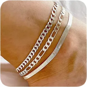 DEARMAY Dainty Silver Ankle Bracelets for Women Waterproof, S925 Sterling Silver Anklets Jewelry Layered Cuban Chain Herringbone Cute Anklets Set Pack Summer Beach Gift for Women Teen