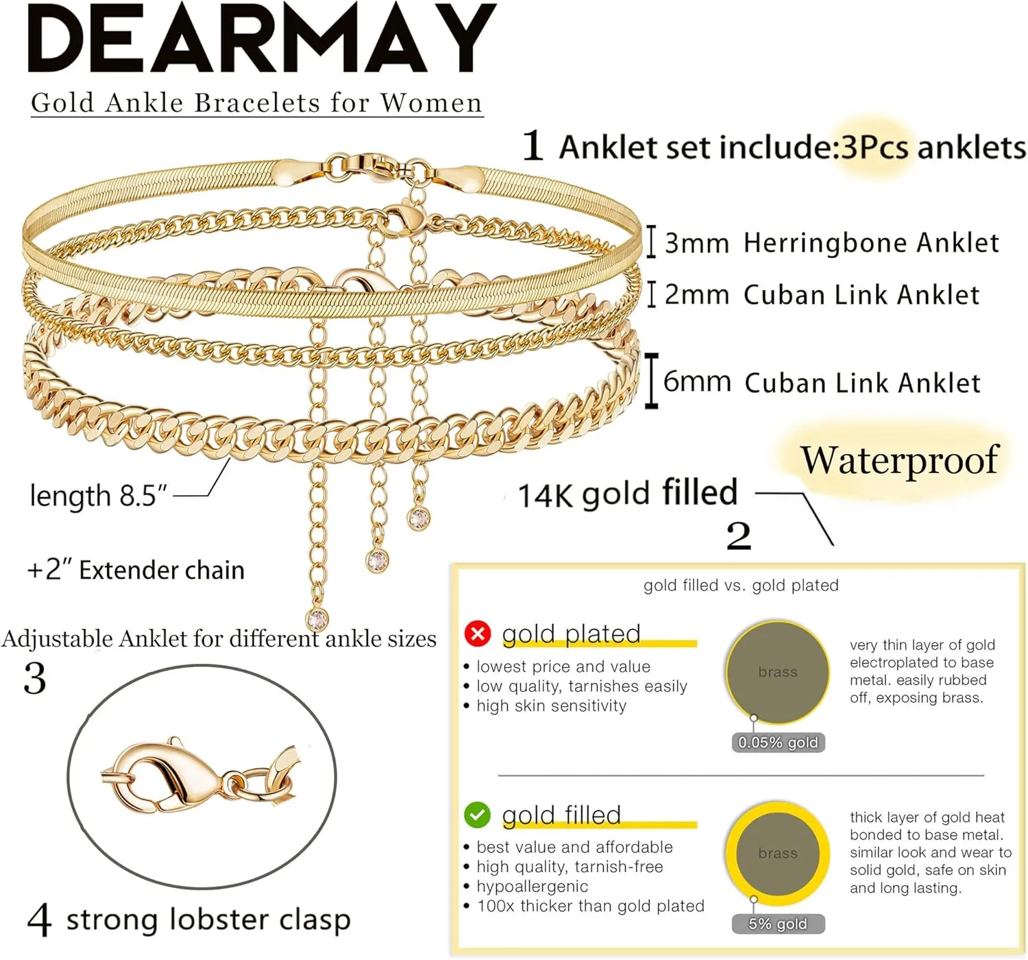 DEARMAY Gold Ankle Bracelets Set for Women Waterproof, 14K Gold Anklets for Women Cuban Link Layered Pack Jewelry Gift