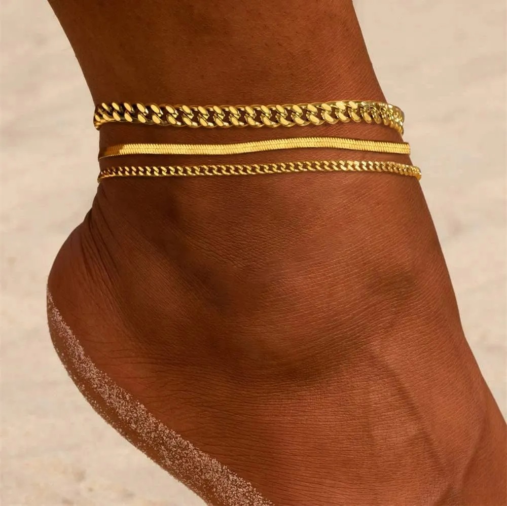 DEARMAY Gold Ankle Bracelets Set for Women Waterproof, 14K Gold Anklets for Women Cuban Link Layered Pack Jewelry Gift