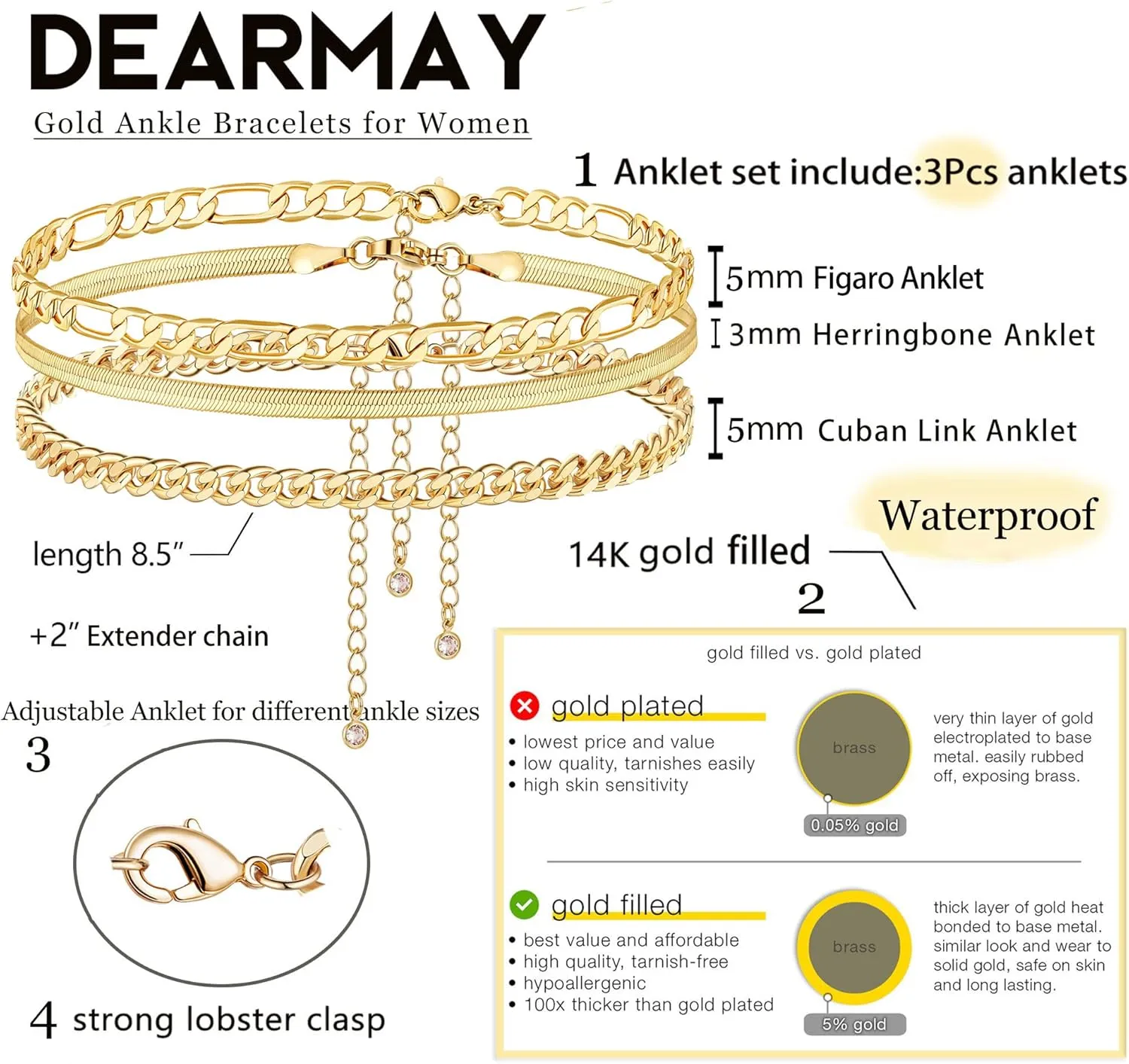 DEARMAY Gold Ankle Bracelets Set for Women Waterproof, 14K Gold Anklets for Women Cuban Link Layered Pack Jewelry Gift