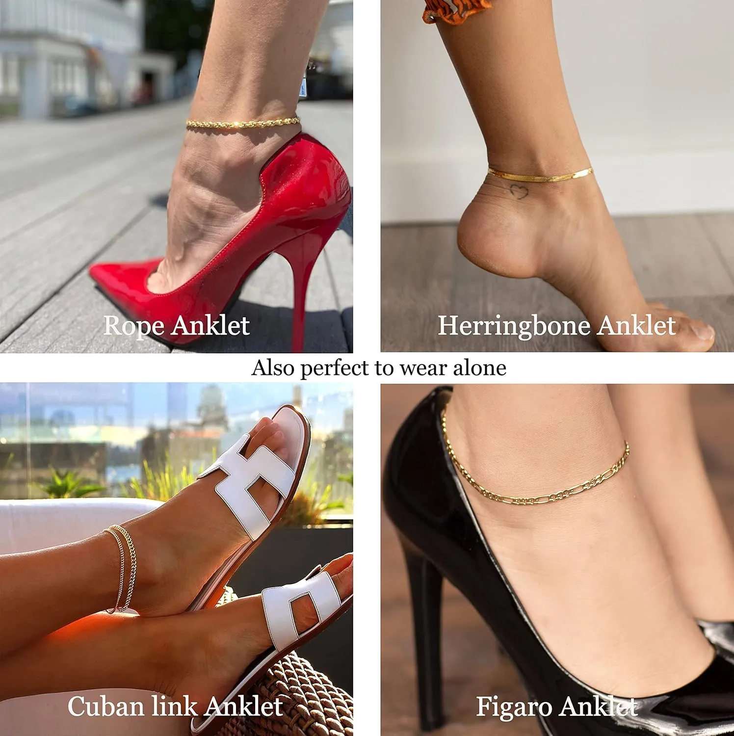 DEARMAY Gold Ankle Bracelets Set for Women Waterproof, 14K Gold Anklets for Women Cuban Link Layered Pack Jewelry Gift