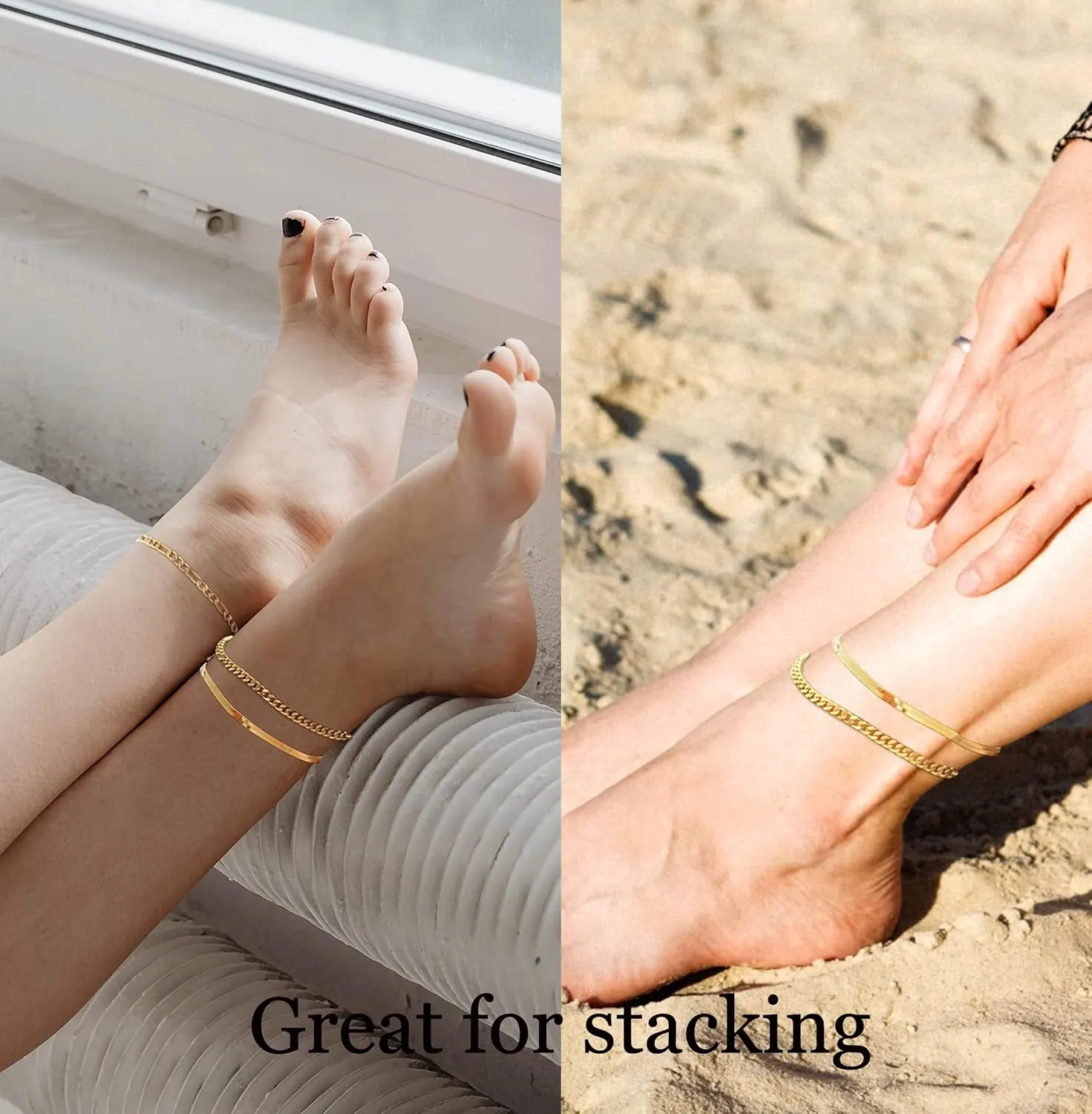 DEARMAY Gold Ankle Bracelets Set for Women Waterproof, 14K Gold Anklets for Women Cuban Link Layered Pack Jewelry Gift