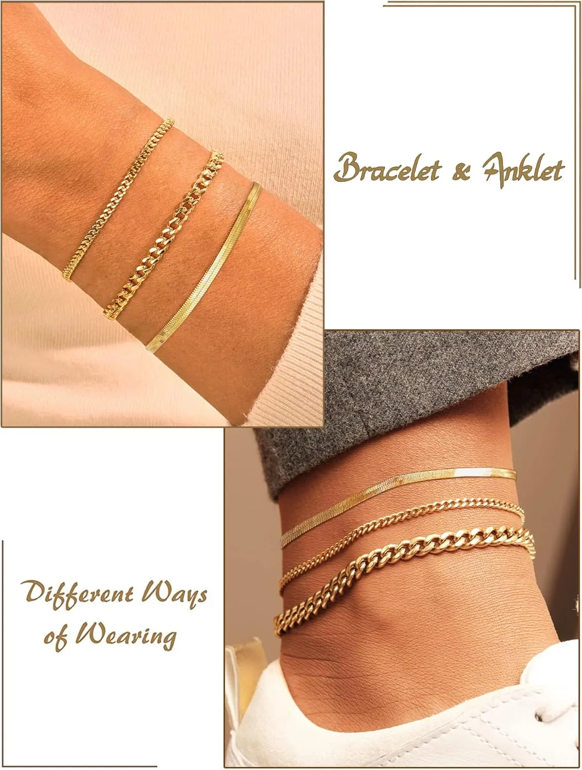 DEARMAY Gold Ankle Bracelets Set for Women Waterproof, 14K Gold Anklets for Women Cuban Link Layered Pack Jewelry Gift