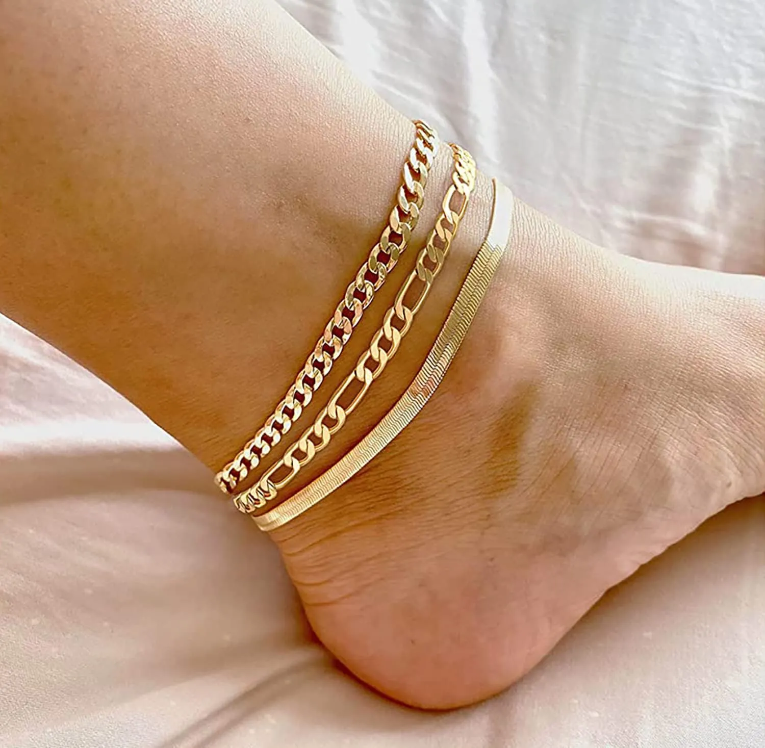 DEARMAY Gold Ankle Bracelets Set for Women Waterproof, 14K Gold Anklets for Women Cuban Link Layered Pack Jewelry Gift