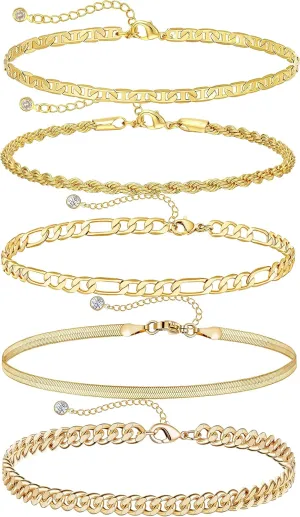 DEARMAY Gold Bracelets - Real 14K Women's Cute Tennis Cubic Beaded Link Paperclip Dainty Bracelet Pack