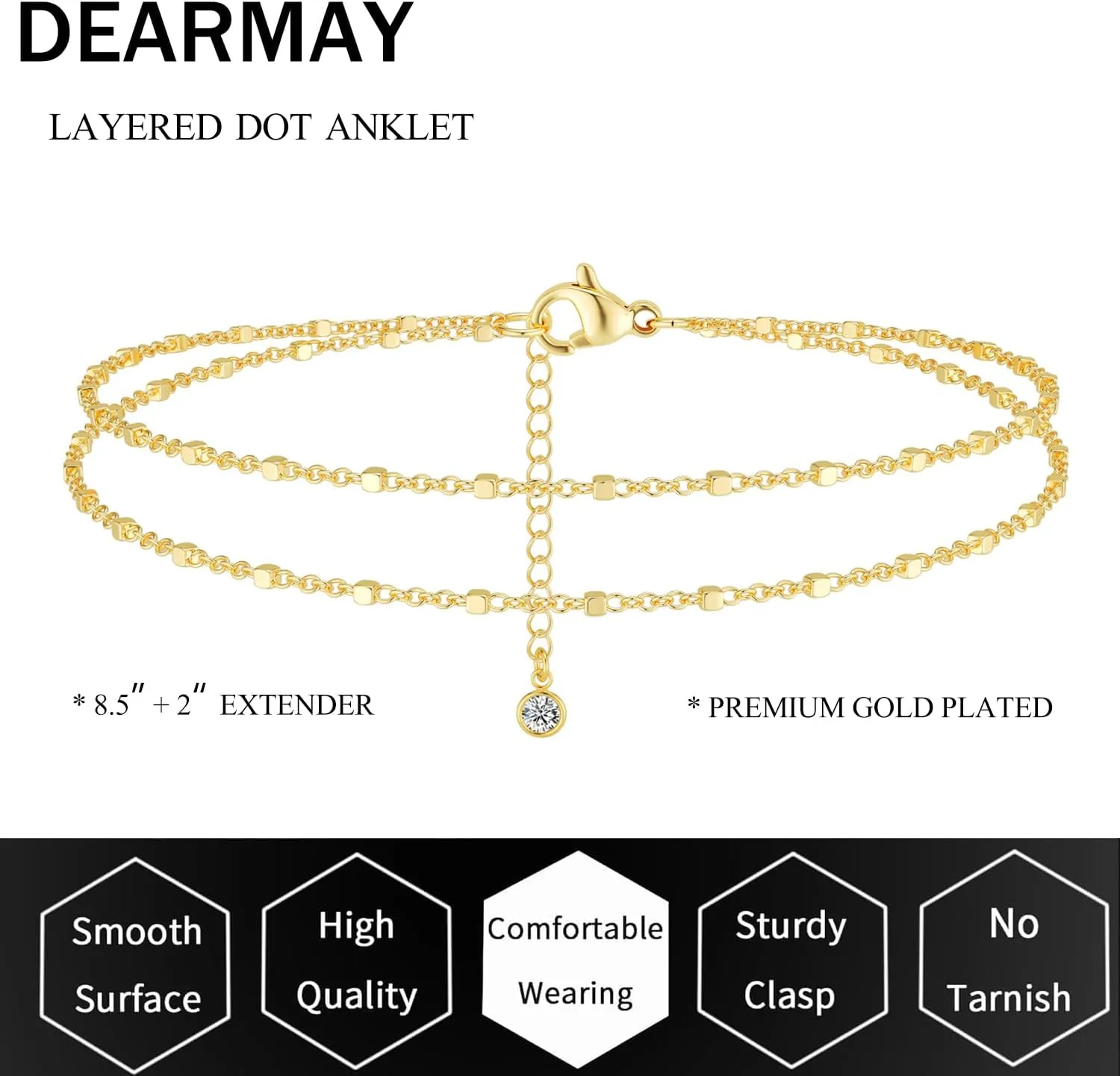 DEARMAY Waterproof Gold Ankle Bracelets for Women - Dainty 6Pcs 14K Gold Plated Anklets Layered Cuban Link Chain Herringbone Cute Anklets Set Pack Summer Beach Jewelry Gift for Women Teen