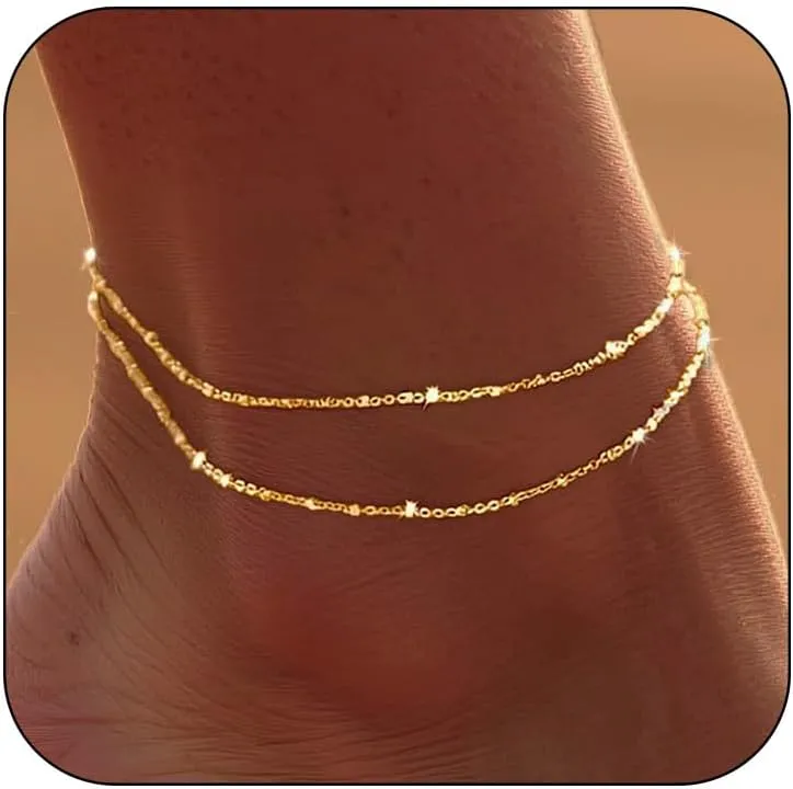 DEARMAY Waterproof Gold Ankle Bracelets for Women - Dainty 6Pcs 14K Gold Plated Anklets Layered Cuban Link Chain Herringbone Cute Anklets Set Pack Summer Beach Jewelry Gift for Women Teen