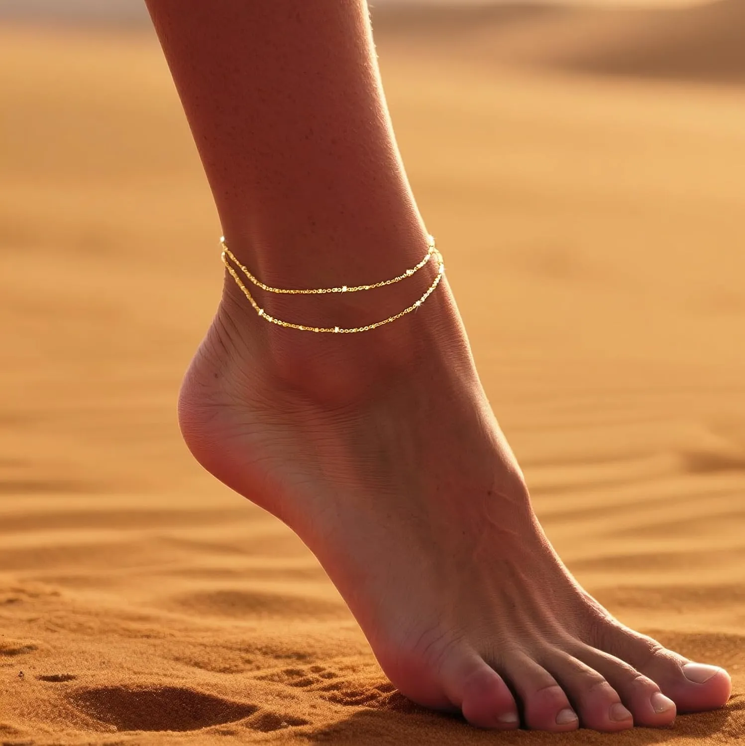 DEARMAY Waterproof Gold Ankle Bracelets for Women - Dainty 6Pcs 14K Gold Plated Anklets Layered Cuban Link Chain Herringbone Cute Anklets Set Pack Summer Beach Jewelry Gift for Women Teen