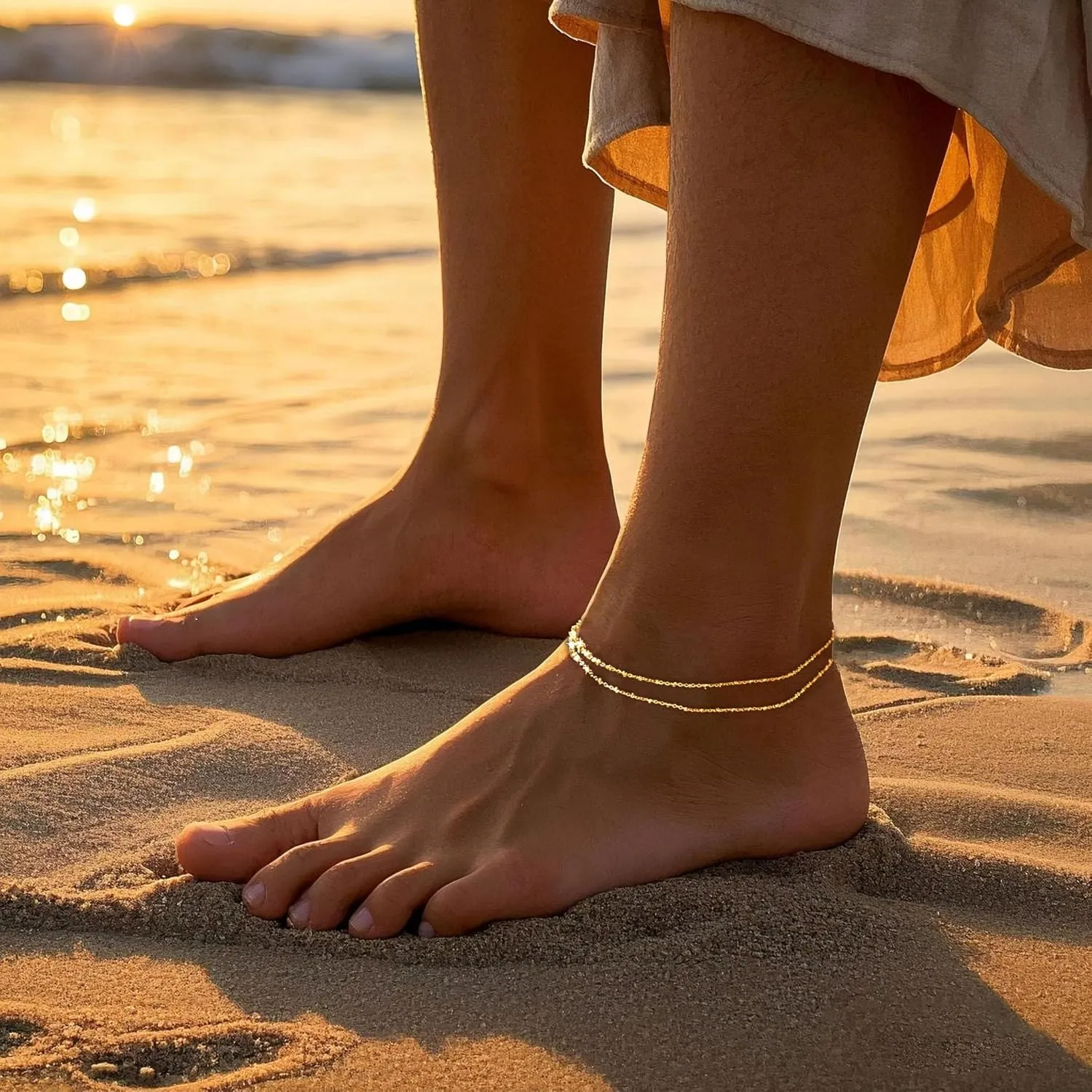 DEARMAY Waterproof Gold Ankle Bracelets for Women - Dainty 6Pcs 14K Gold Plated Anklets Layered Cuban Link Chain Herringbone Cute Anklets Set Pack Summer Beach Jewelry Gift for Women Teen