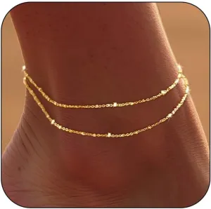 DEARMAY Waterproof Gold Ankle Bracelets for Women - Dainty 6Pcs 14K Gold Plated Anklets Layered Cuban Link Chain Herringbone Cute Anklets Set Pack Summer Beach Jewelry Gift for Women Teen