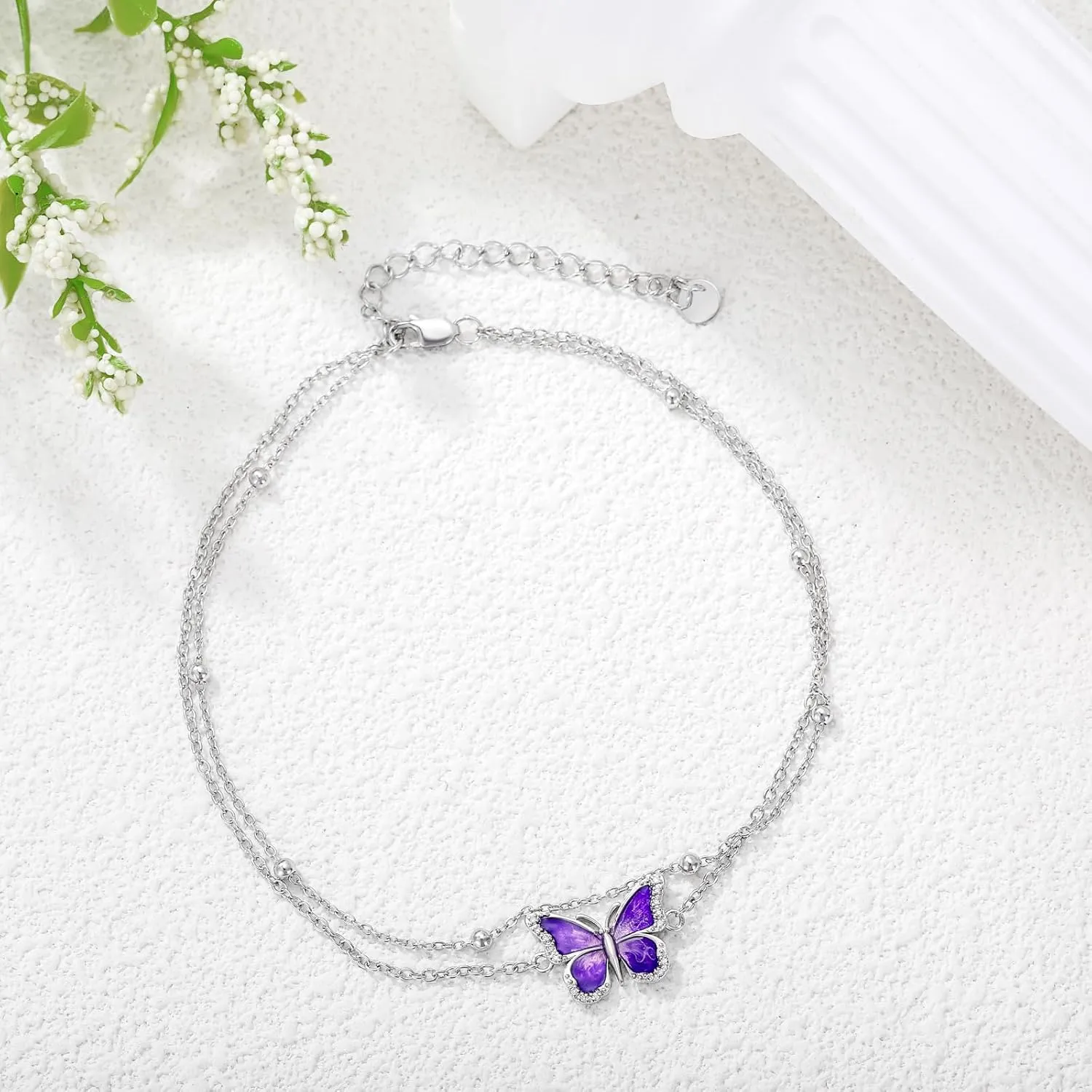 Diamond Butterfly Anklet for Women 925 Sterling Silver Colorful Butterfly Layered Anklets with Lab Grown Diamonds Jewelry Gifts for Mom Wife Girlfriend Daughter Sister Friend