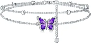 Diamond Butterfly Anklet for Women 925 Sterling Silver Colorful Butterfly Layered Anklets with Lab Grown Diamonds Jewelry Gifts for Mom Wife Girlfriend Daughter Sister Friend