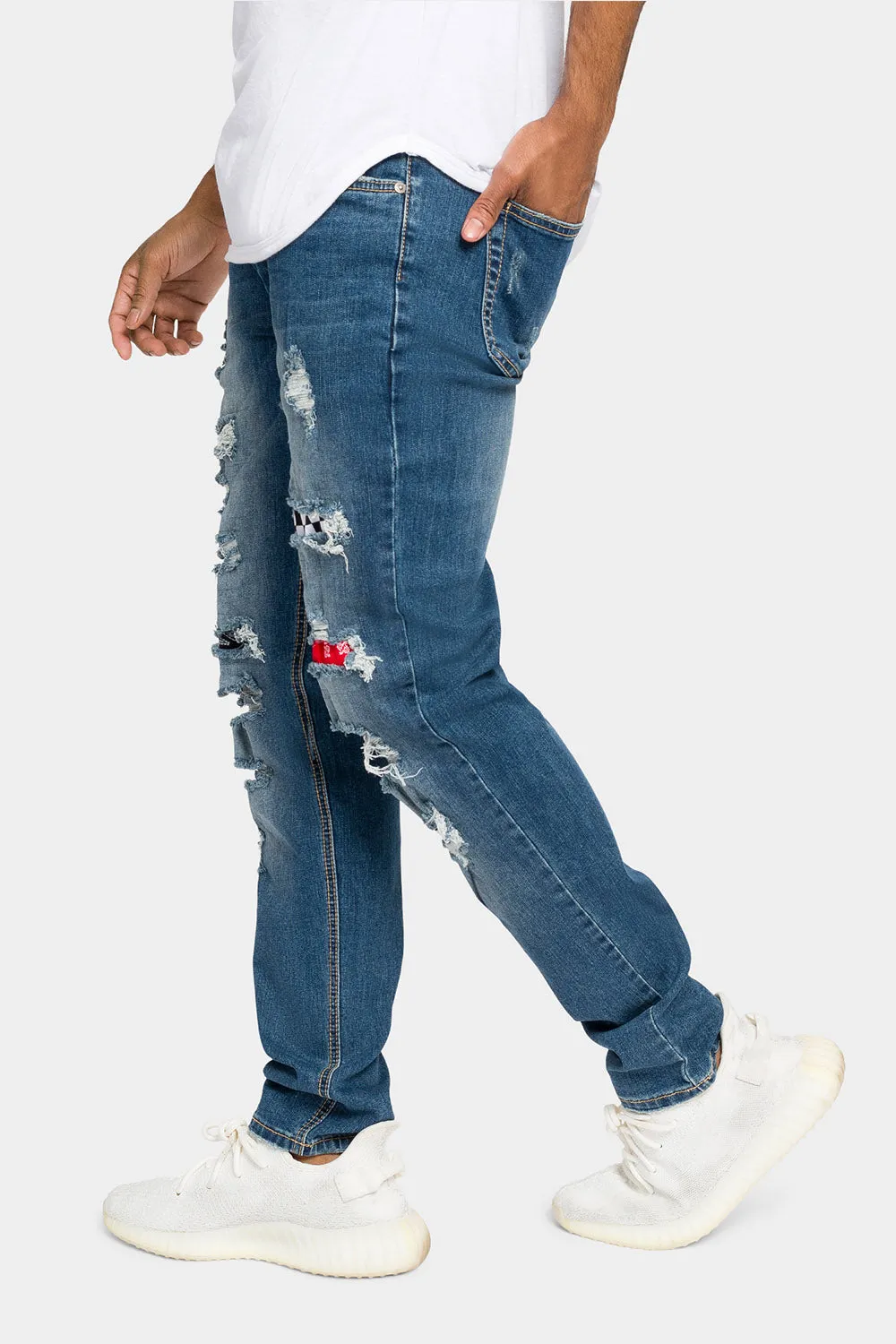 Distressed Patterned Patchwork Denim Jeans