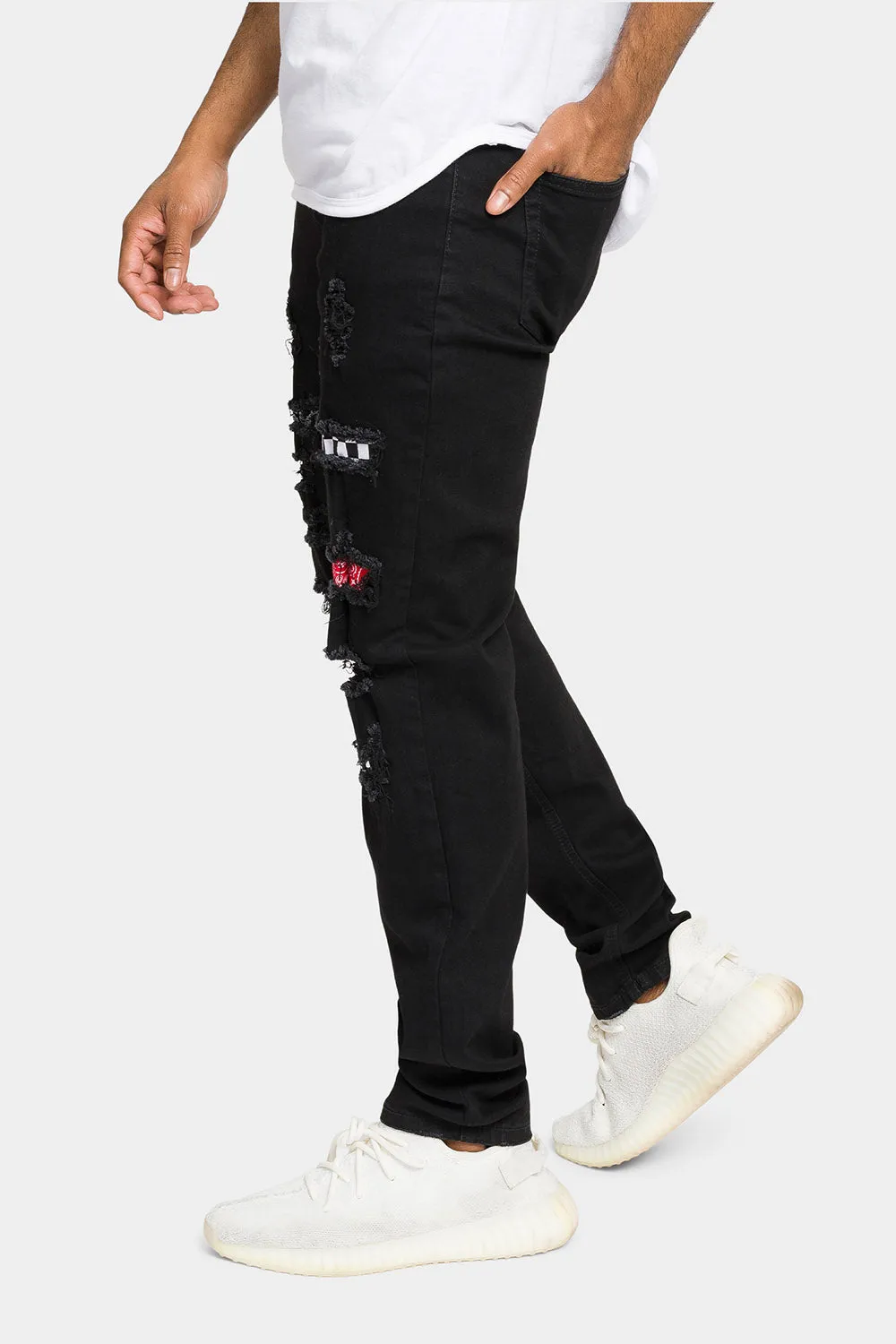 Distressed Patterned Patchwork Denim Jeans