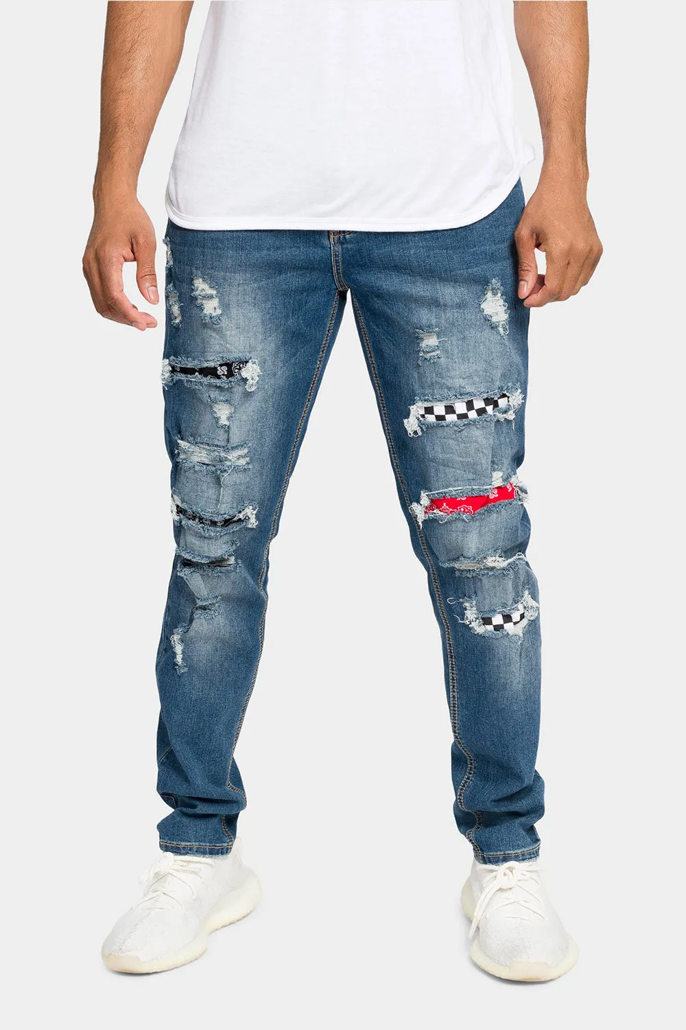 Distressed Patterned Patchwork Denim Jeans