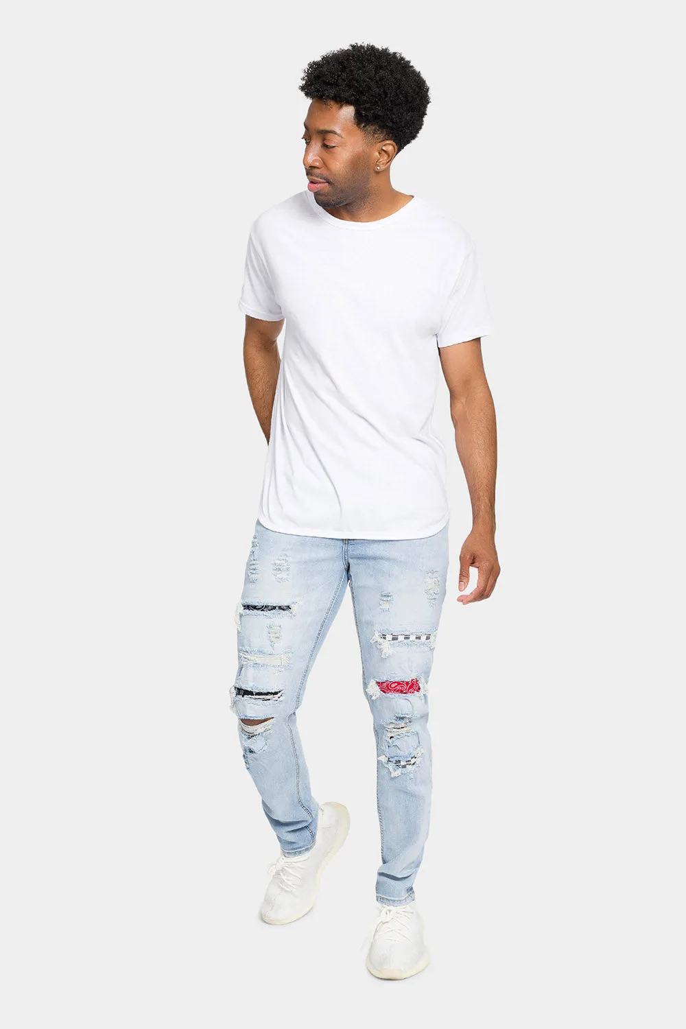 Distressed Patterned Patchwork Denim Jeans