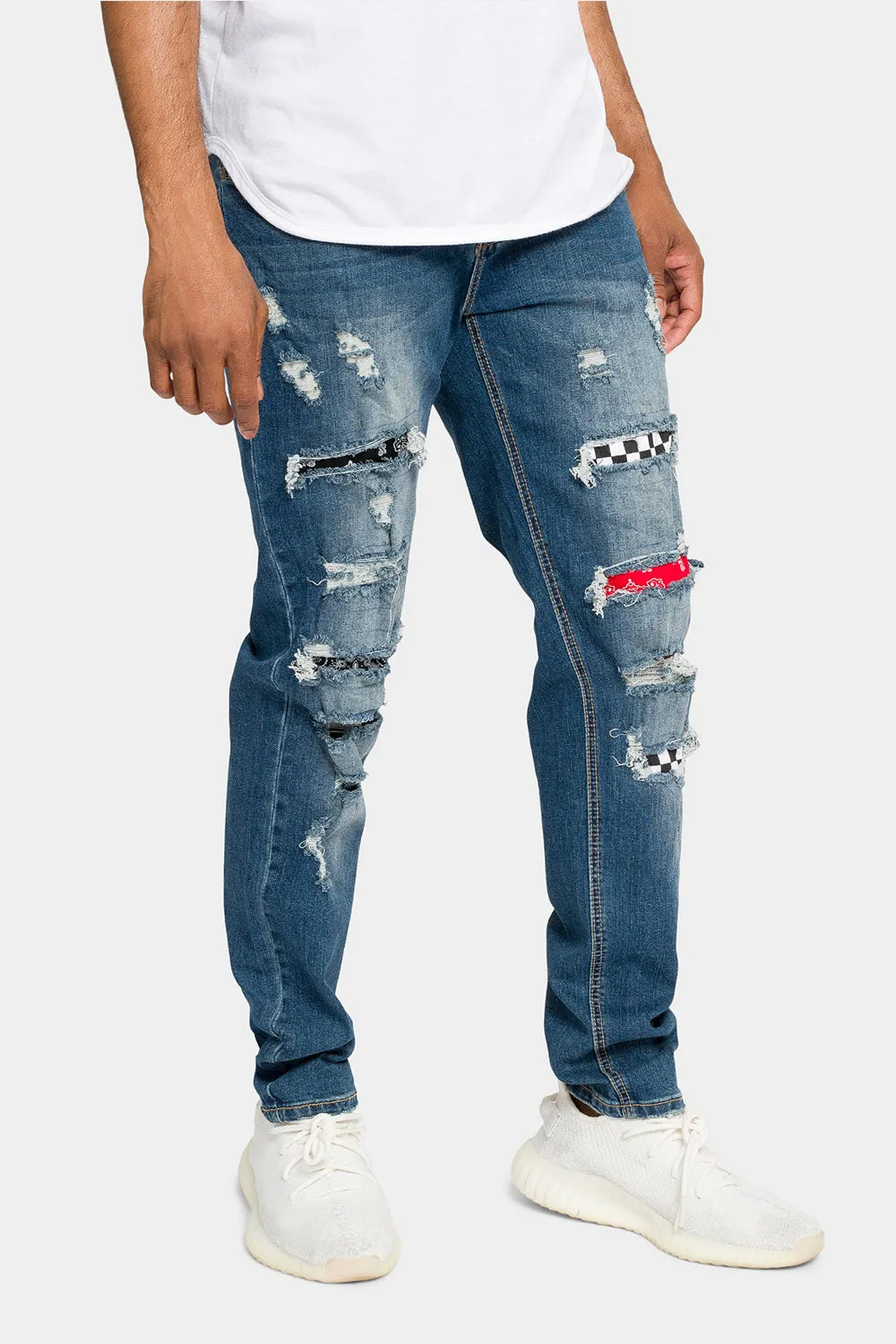 Distressed Patterned Patchwork Denim Jeans