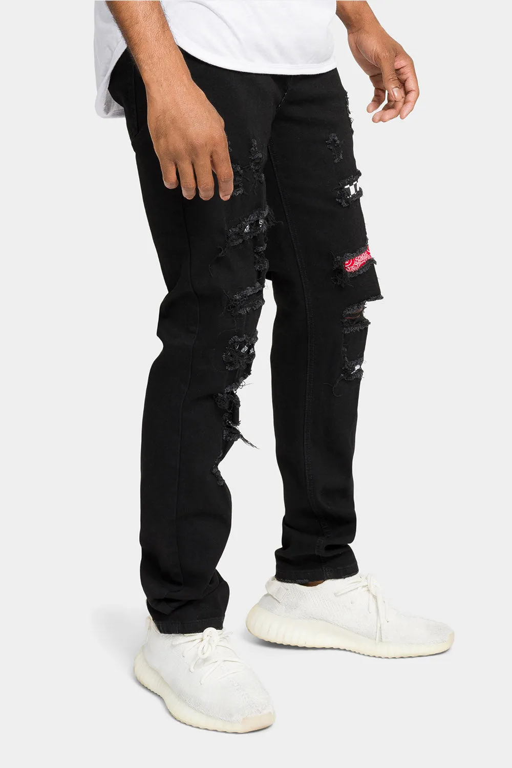 Distressed Patterned Patchwork Denim Jeans