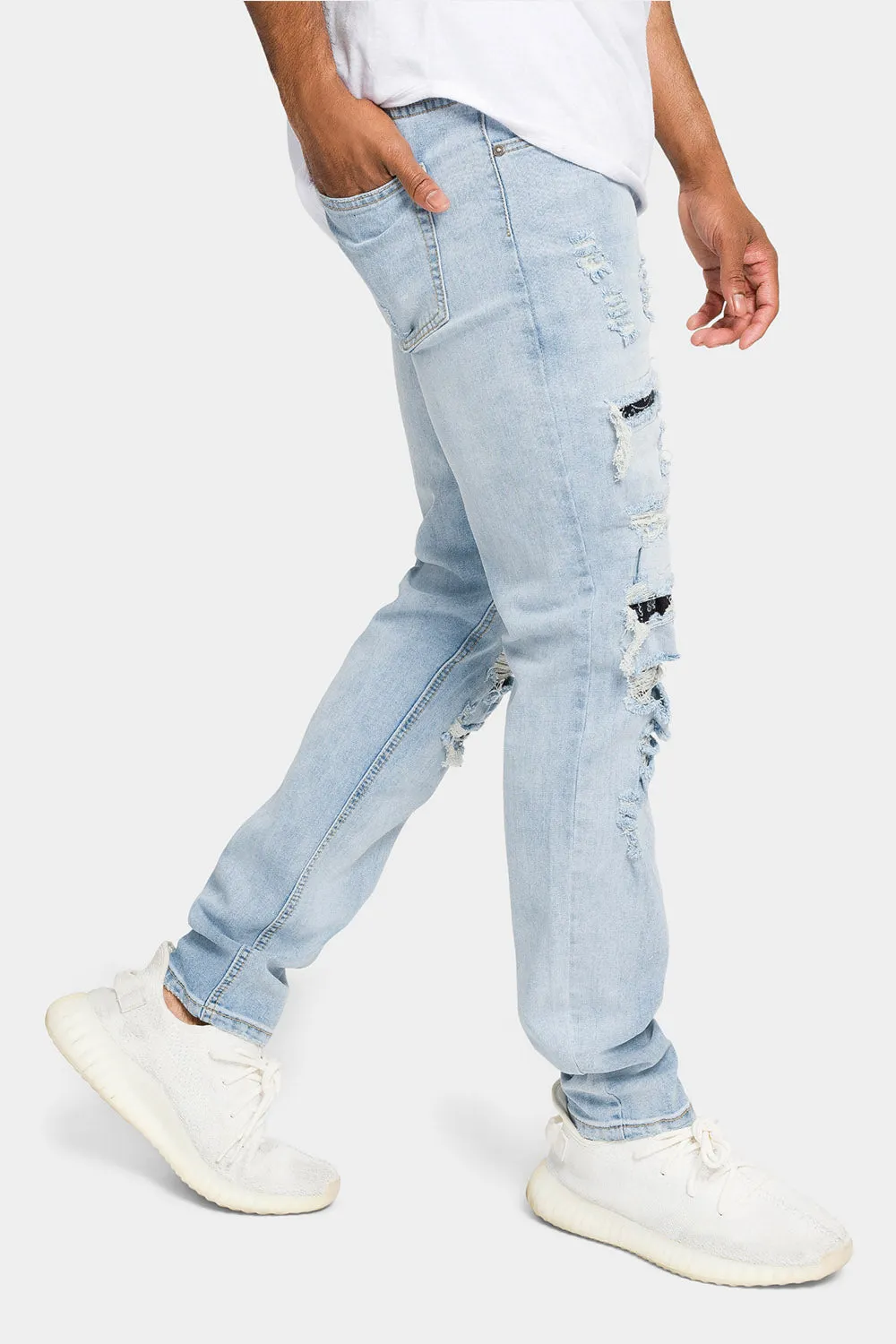 Distressed Patterned Patchwork Denim Jeans