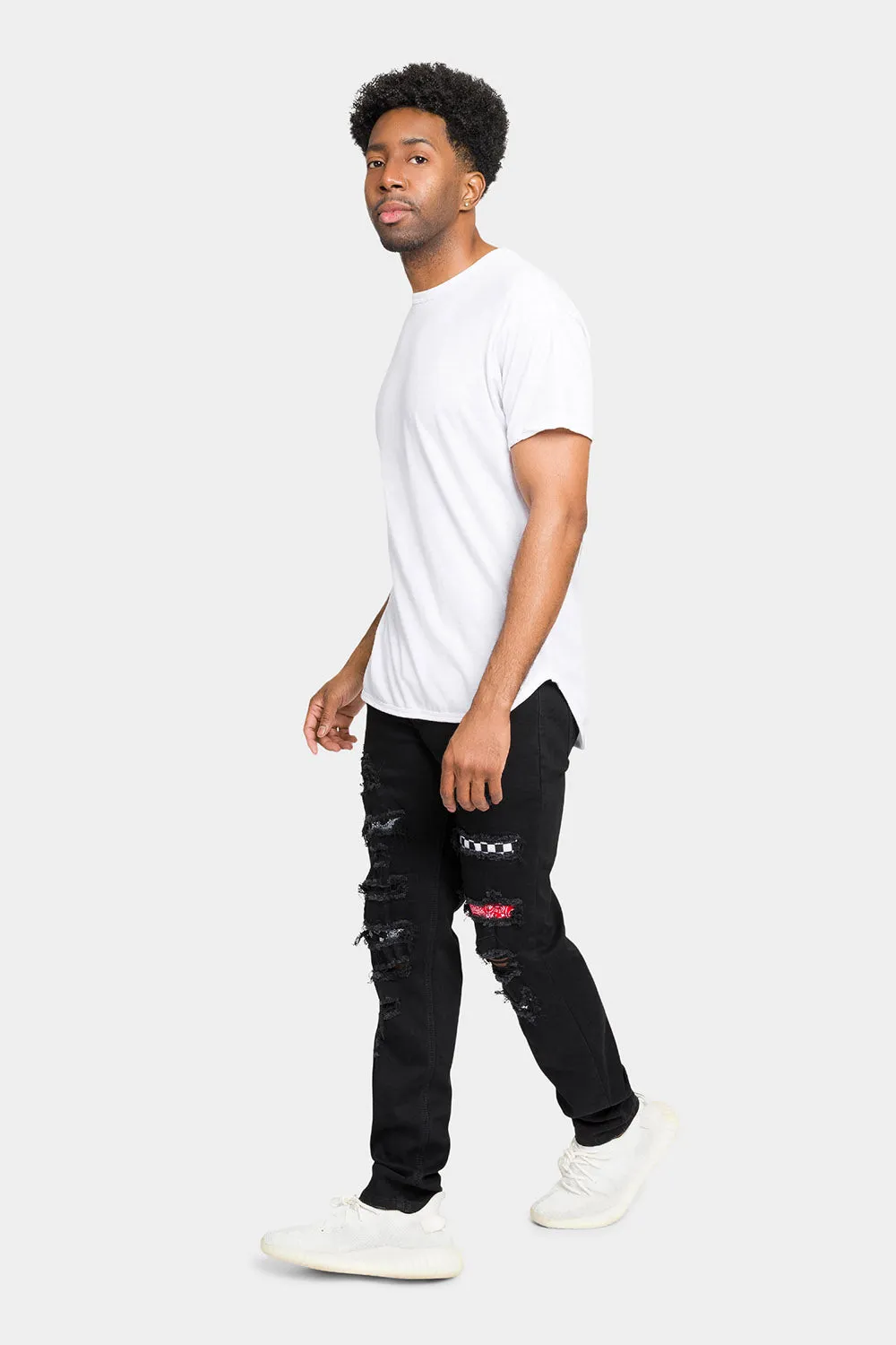 Distressed Patterned Patchwork Denim Jeans
