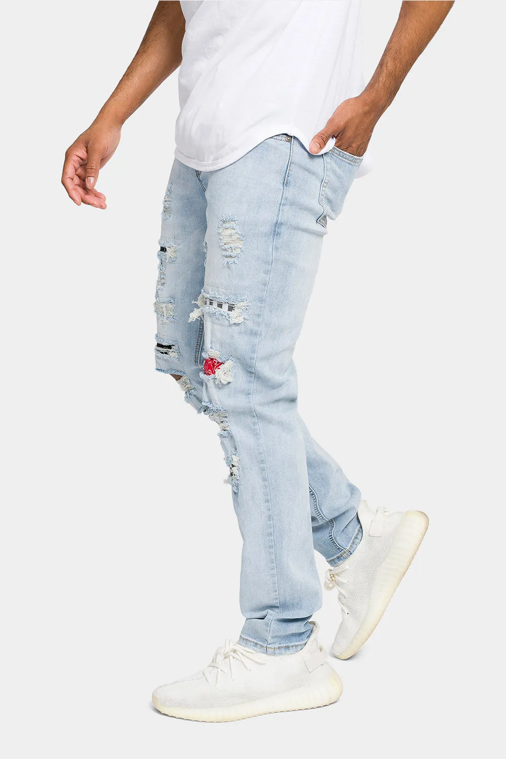 Distressed Patterned Patchwork Denim Jeans