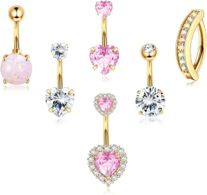 Dochais Belly Buton Ring Surgical Stainless Steel Belly Button Rings Hypoallergenic Belly Rings for Women Cute Pink CZ Heart Clicker Belly Button Piercings Navel Piercings Jewelry