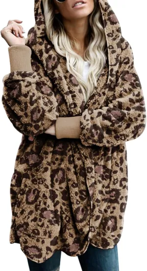 Dokotoo Womens 2024 Winter Long Sleeve Solid Fuzzy Fleece Open Front Hooded Cardigans Jacket Coats Outerwear with Pocket