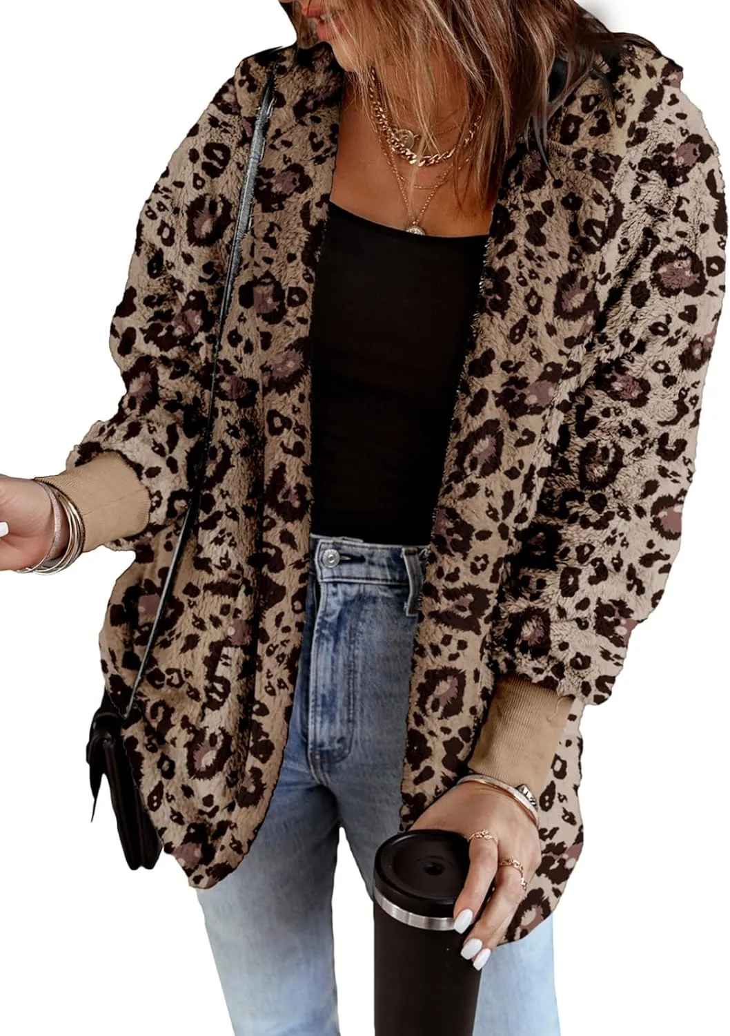 Dokotoo Womens 2024 Winter Long Sleeve Solid Fuzzy Fleece Open Front Hooded Cardigans Jacket Coats Outerwear with Pocket