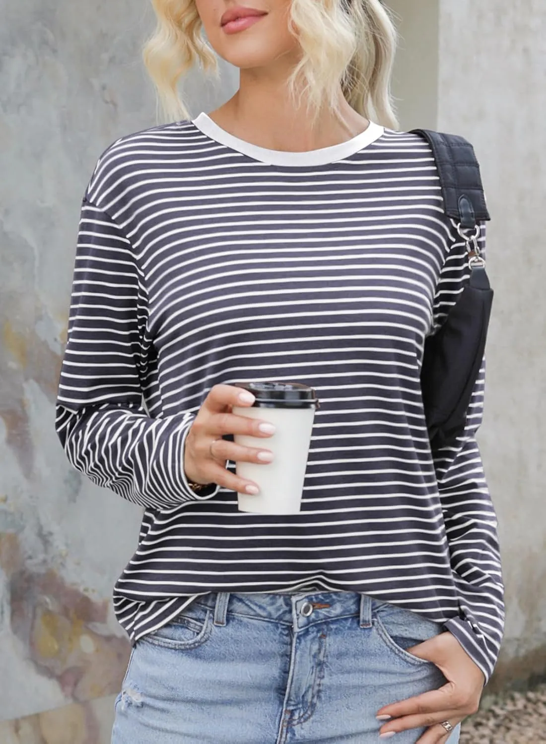 Dokotoo Women's Casual Striped Long Sleeve Tops Crew Neck Knit Basic T Shirts