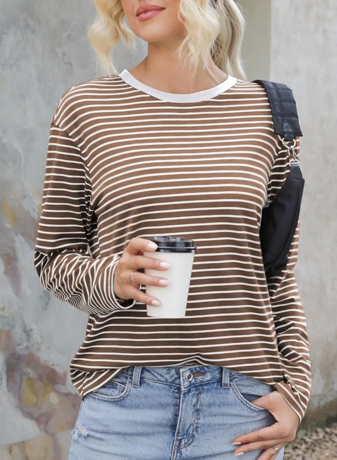 Dokotoo Women's Casual Striped Long Sleeve Tops Crew Neck Knit Basic T Shirts