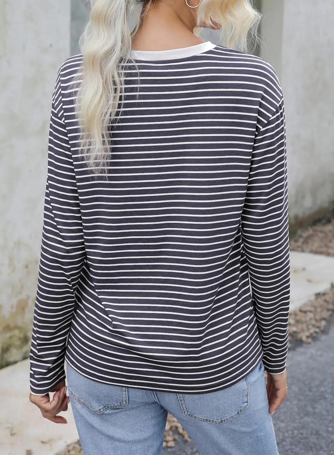 Dokotoo Women's Casual Striped Long Sleeve Tops Crew Neck Knit Basic T Shirts