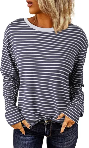 Dokotoo Women's Casual Striped Long Sleeve Tops Crew Neck Knit Basic T Shirts