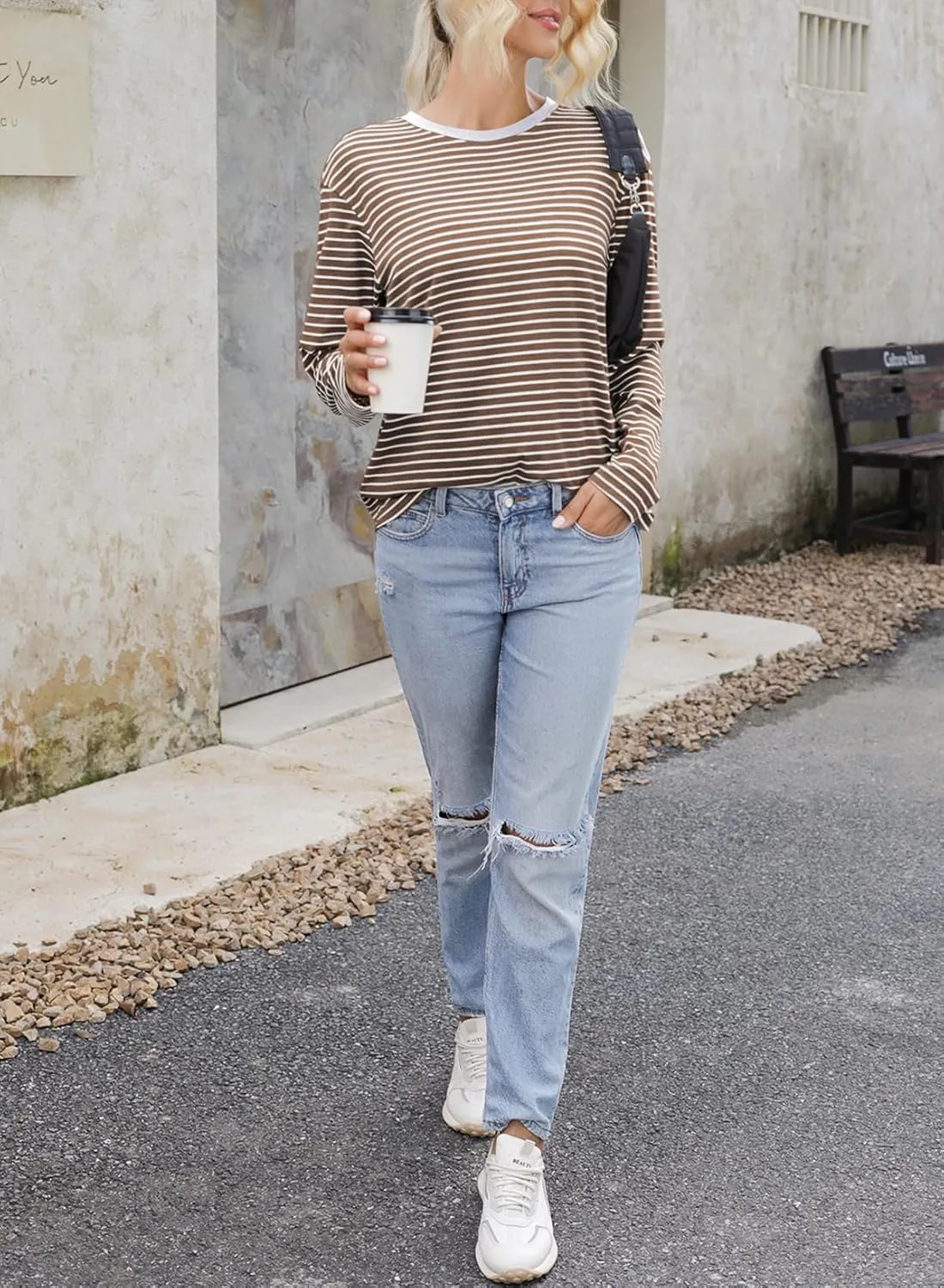 Dokotoo Women's Casual Striped Long Sleeve Tops Crew Neck Knit Basic T Shirts