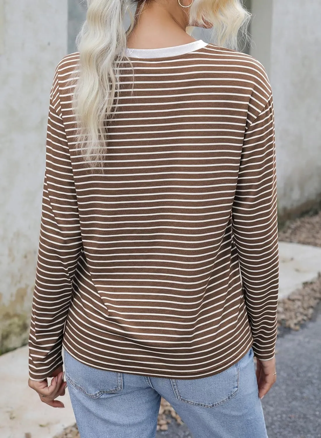 Dokotoo Women's Casual Striped Long Sleeve Tops Crew Neck Knit Basic T Shirts
