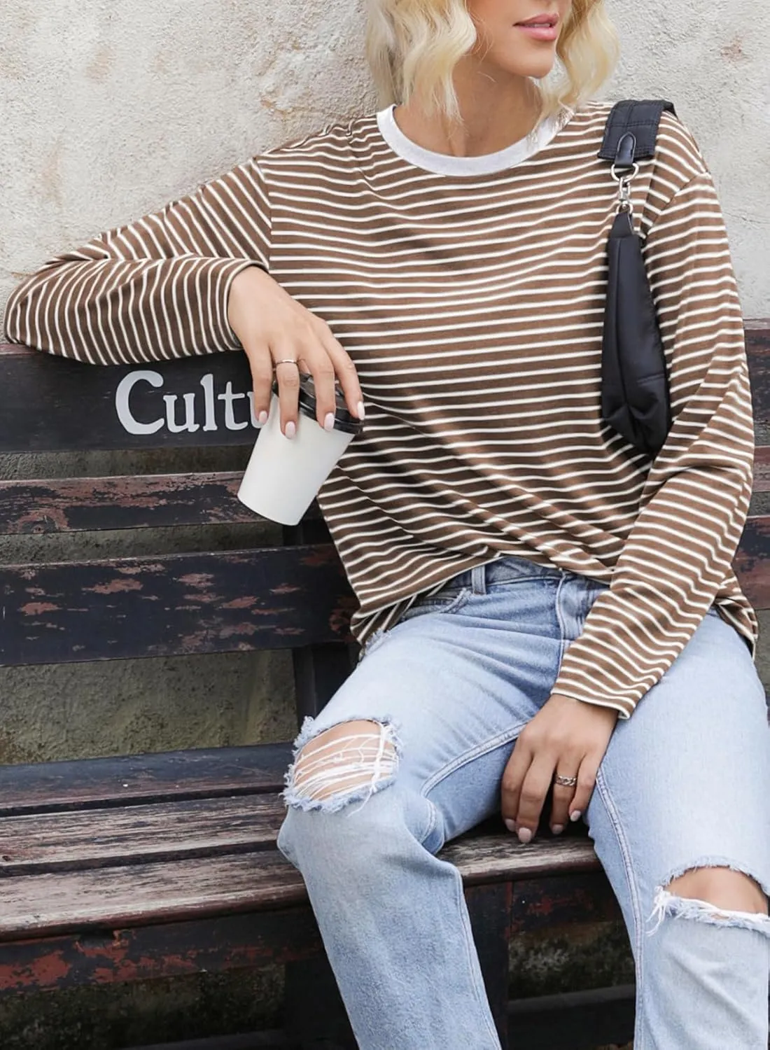 Dokotoo Women's Casual Striped Long Sleeve Tops Crew Neck Knit Basic T Shirts
