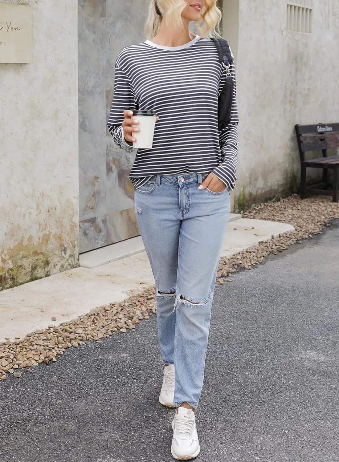 Dokotoo Women's Casual Striped Long Sleeve Tops Crew Neck Knit Basic T Shirts