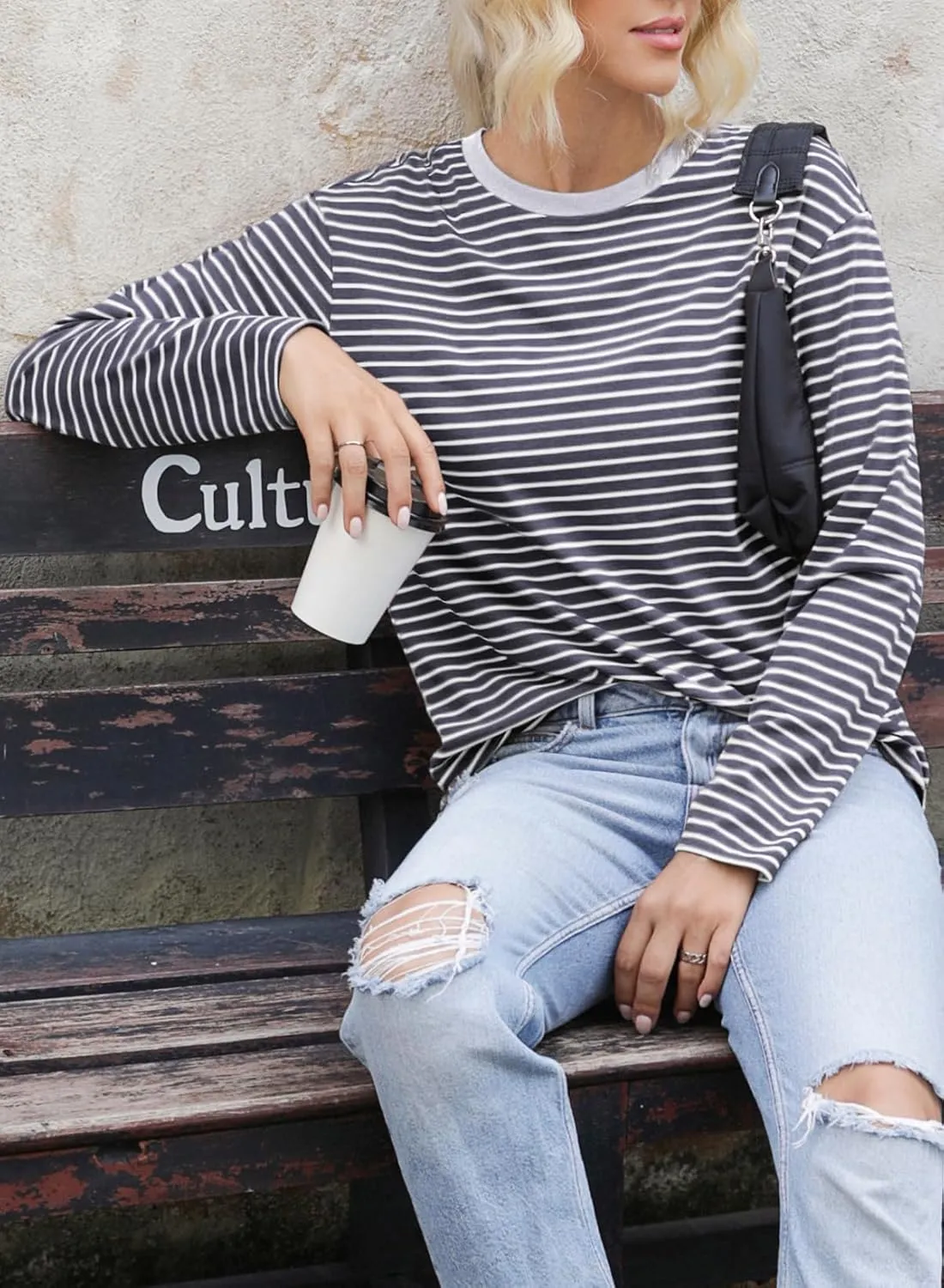 Dokotoo Women's Casual Striped Long Sleeve Tops Crew Neck Knit Basic T Shirts