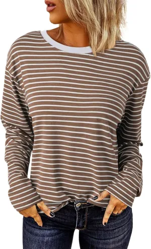 Dokotoo Women's Casual Striped Long Sleeve Tops Crew Neck Knit Basic T Shirts
