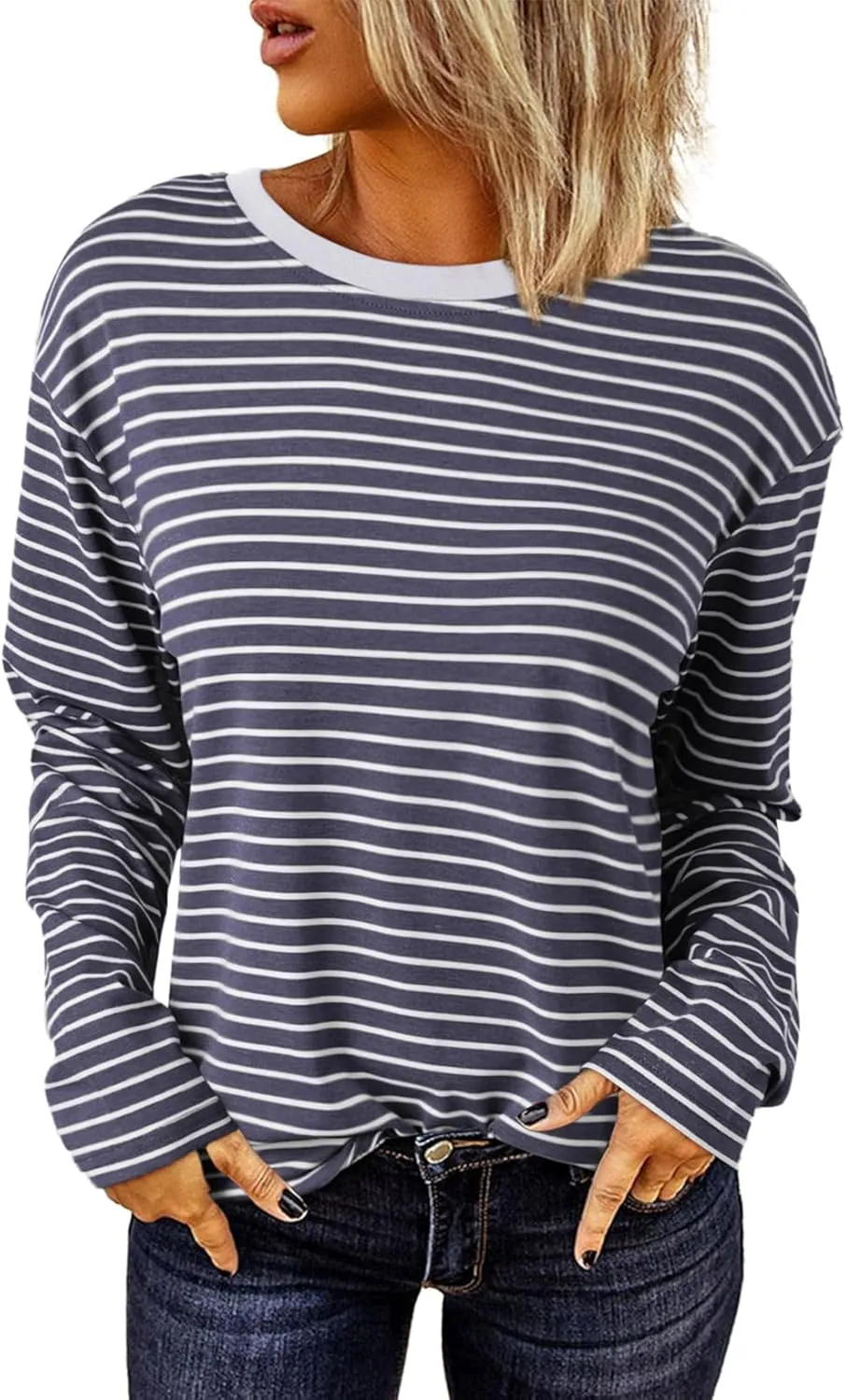 Dokotoo Women's Casual Striped Long Sleeve Tops Crew Neck Knit Basic T Shirts