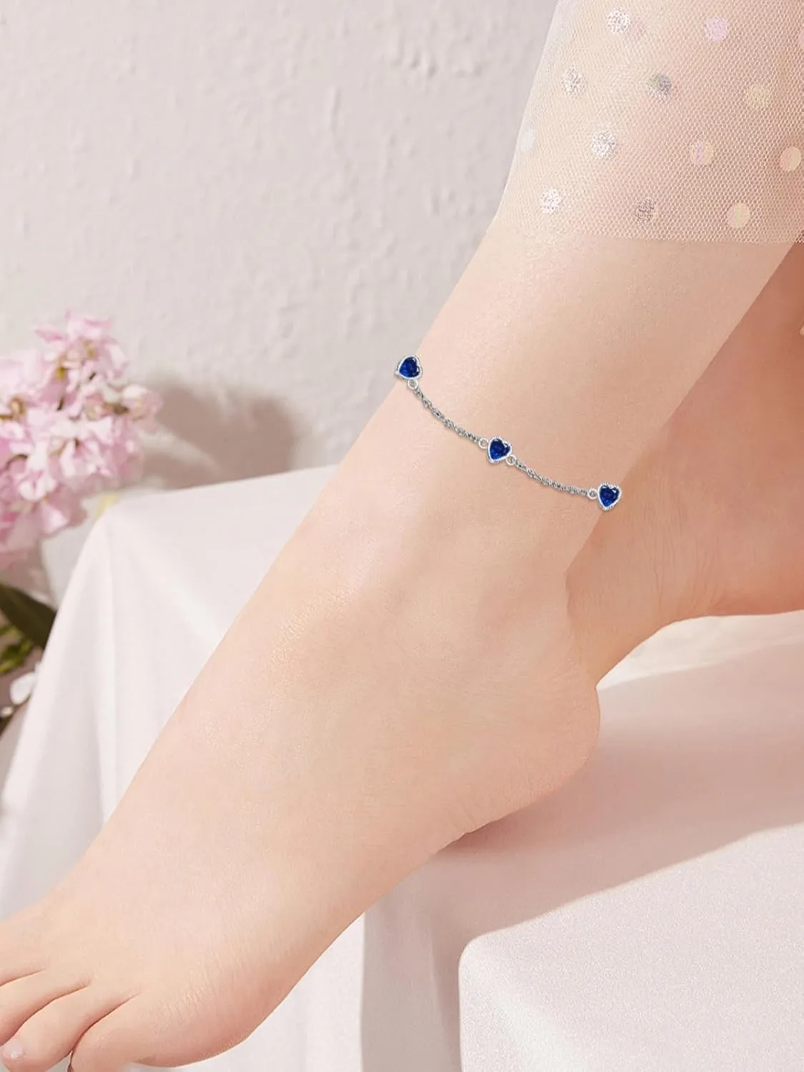 Dorunmo Heart Birthstone Anklet Bracelets for Women 925 Sterling Silver Birthday Jewelry Best Mother's Day for Women