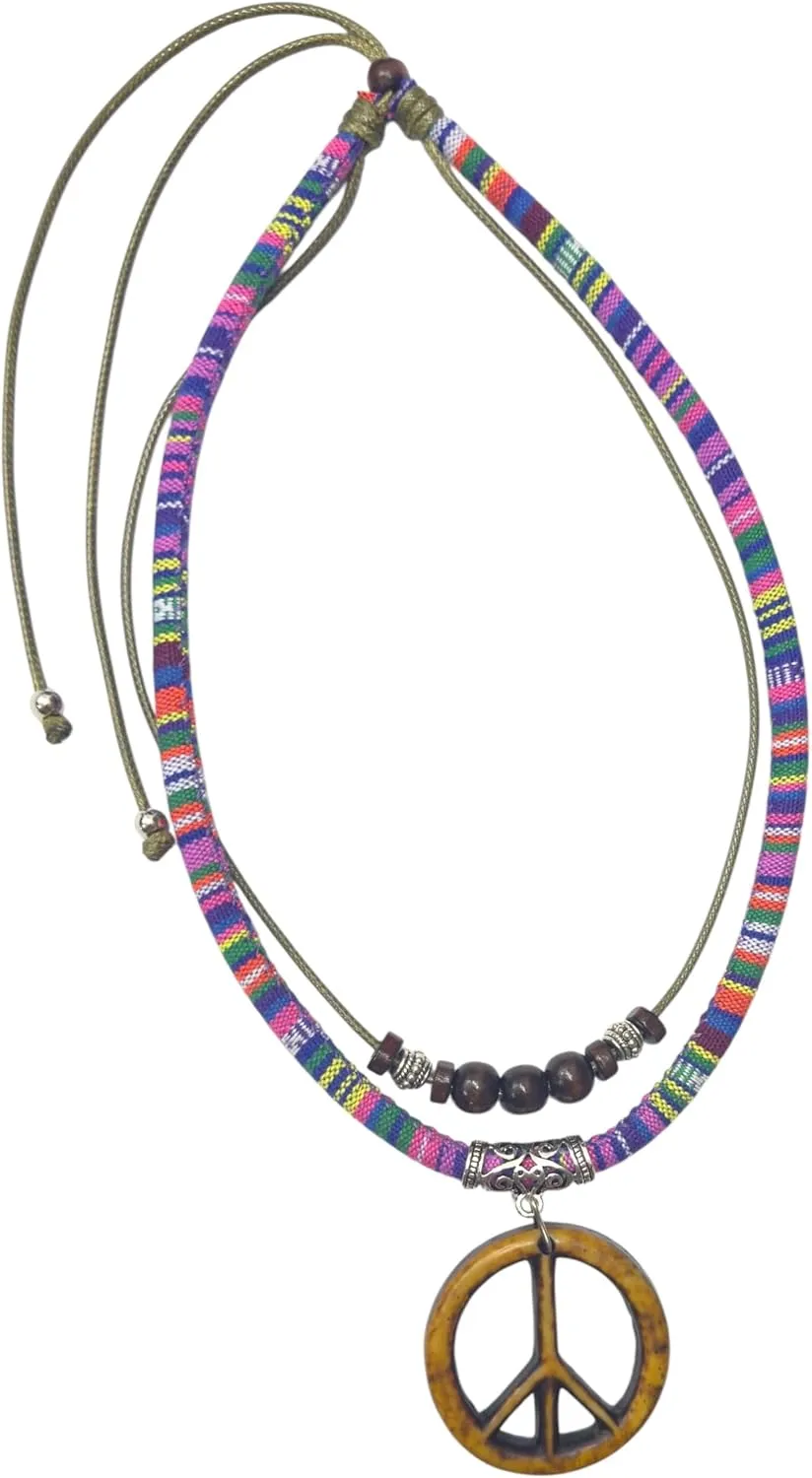 Double Layers Peace Symbol Sign Pendant Boho Colorful Braided Rope Necklace, Multi-Layered, Wooden Beads, Double Layers Peace Symbol Sign Pendant, Mens,Women's Jewelry