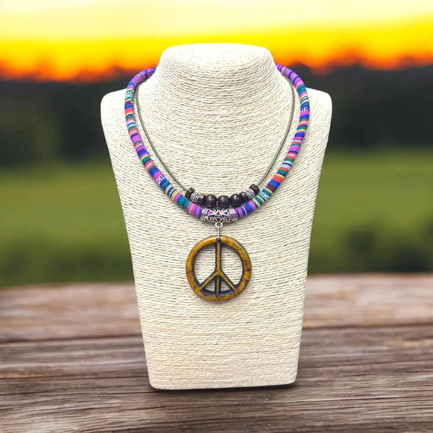 Double Layers Peace Symbol Sign Pendant Boho Colorful Braided Rope Necklace, Multi-Layered, Wooden Beads, Double Layers Peace Symbol Sign Pendant, Mens,Women's Jewelry