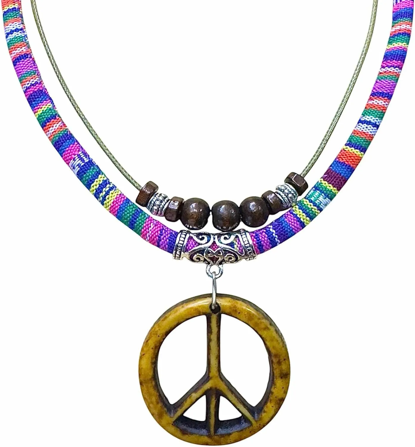 Double Layers Peace Symbol Sign Pendant Boho Colorful Braided Rope Necklace, Multi-Layered, Wooden Beads, Double Layers Peace Symbol Sign Pendant, Mens,Women's Jewelry