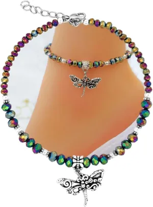 Dragonfly Rainbow Crystal Beaded Anklet Ankle Bracelets for Women | Handmade Adjustable Anklet for Women (rainbow, Small)